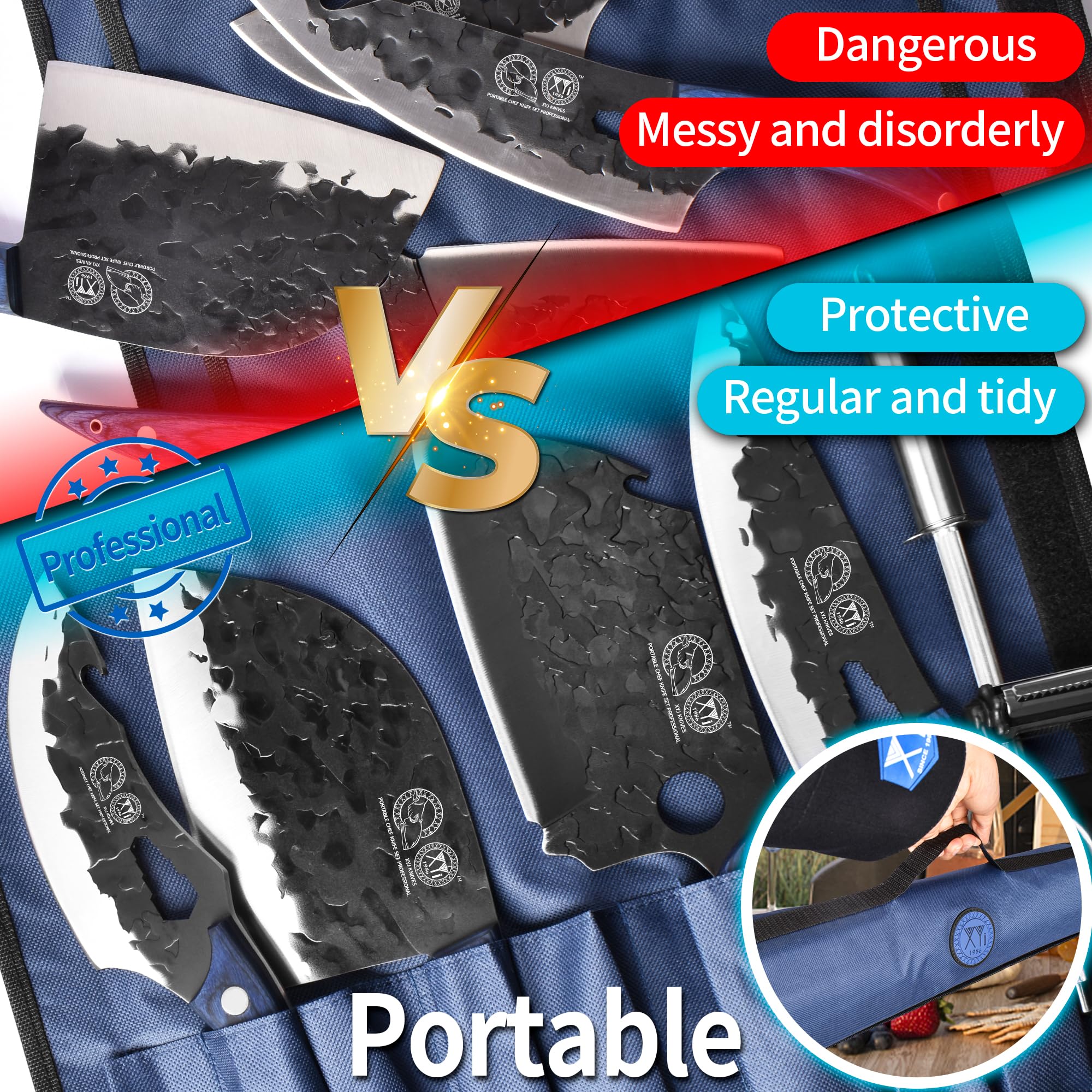 XYJ Professional Portable Chef Knife Set with Bag & Sheath - Full Tang Camping & Culinary Kitchen Knives for Meat Cutting, Slicing & Cooking Since 1986 - Perfect for Outdoor Adventures, Home Kitchens & BBQ Parties