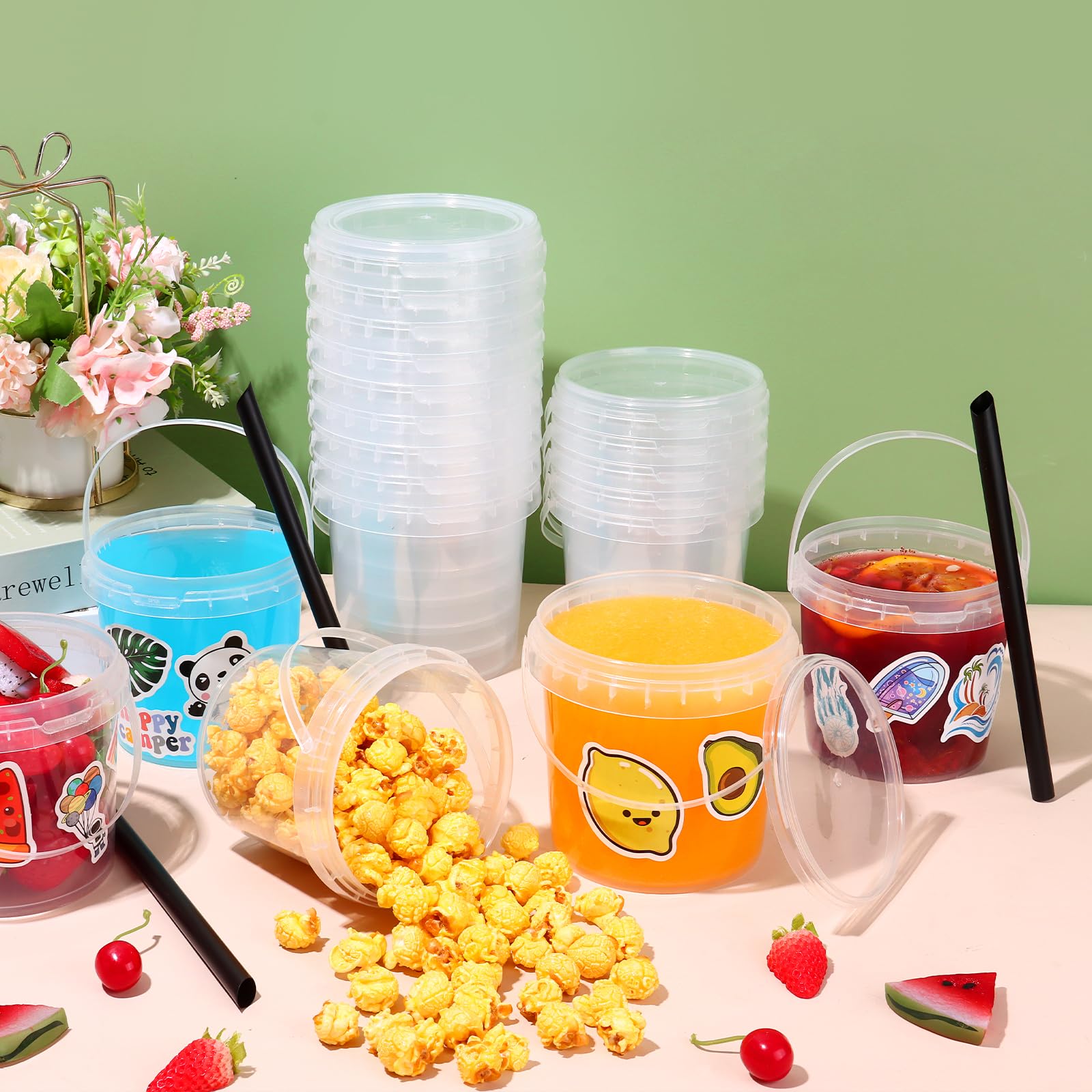 30-Pack Reusable Clear Plastic Ice Cream Buckets with Lids & Handles - 16oz Drink Containers for Parties, Cocktails, Rum Buckets - Includes 50 Summer-Themed Stickers - Perfect for Summer BBQs, Pool Parties & Frozen Dessert Storage