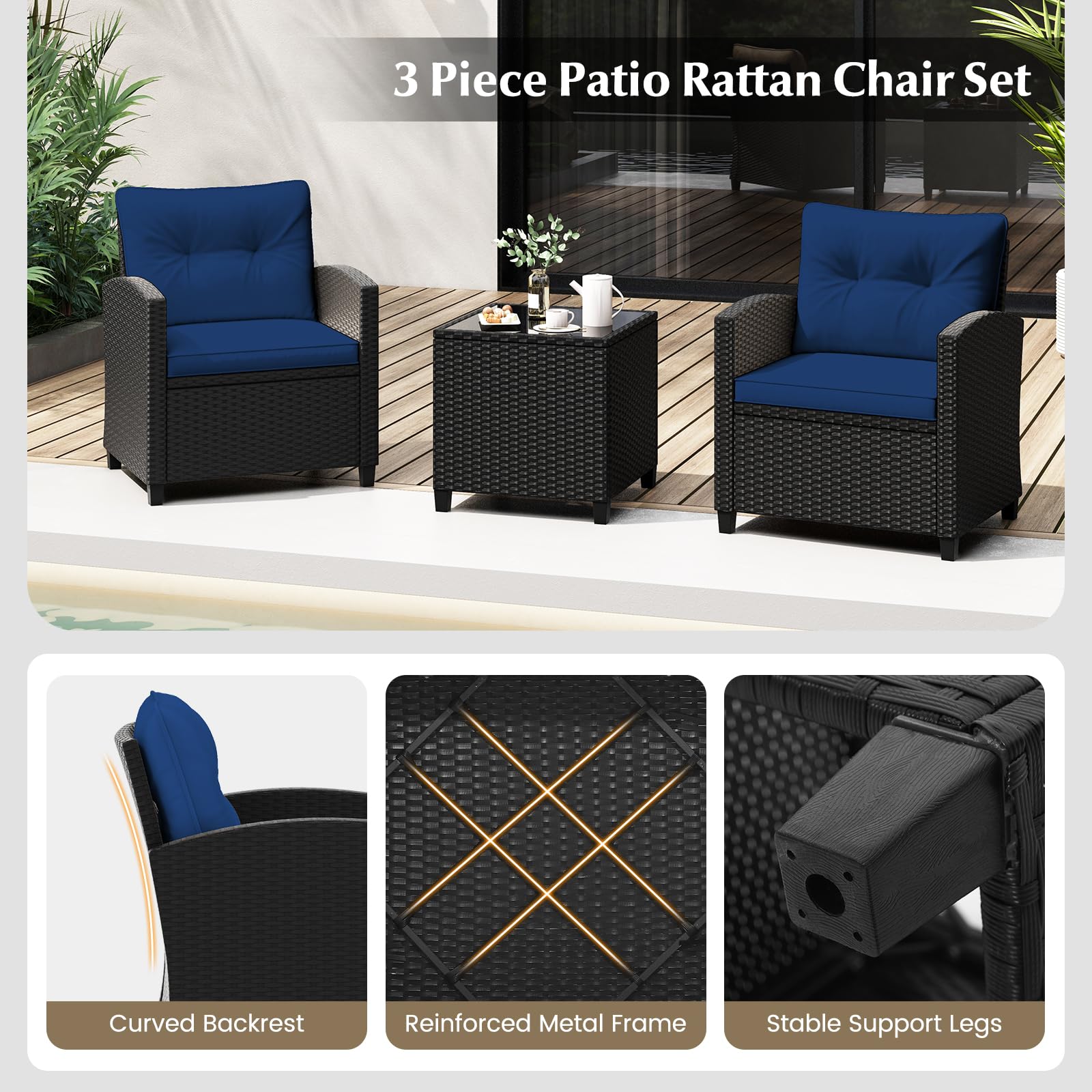 Tangkula 3-Piece Patio Furniture Set - Rattan Outdoor Conversation Set with Soft Cushions & Tempered Glass Coffee Table - Wicker Seating for Backyard, Porch, Poolside - Perfect for Relaxing, Entertaining & Outdoor Gatherings