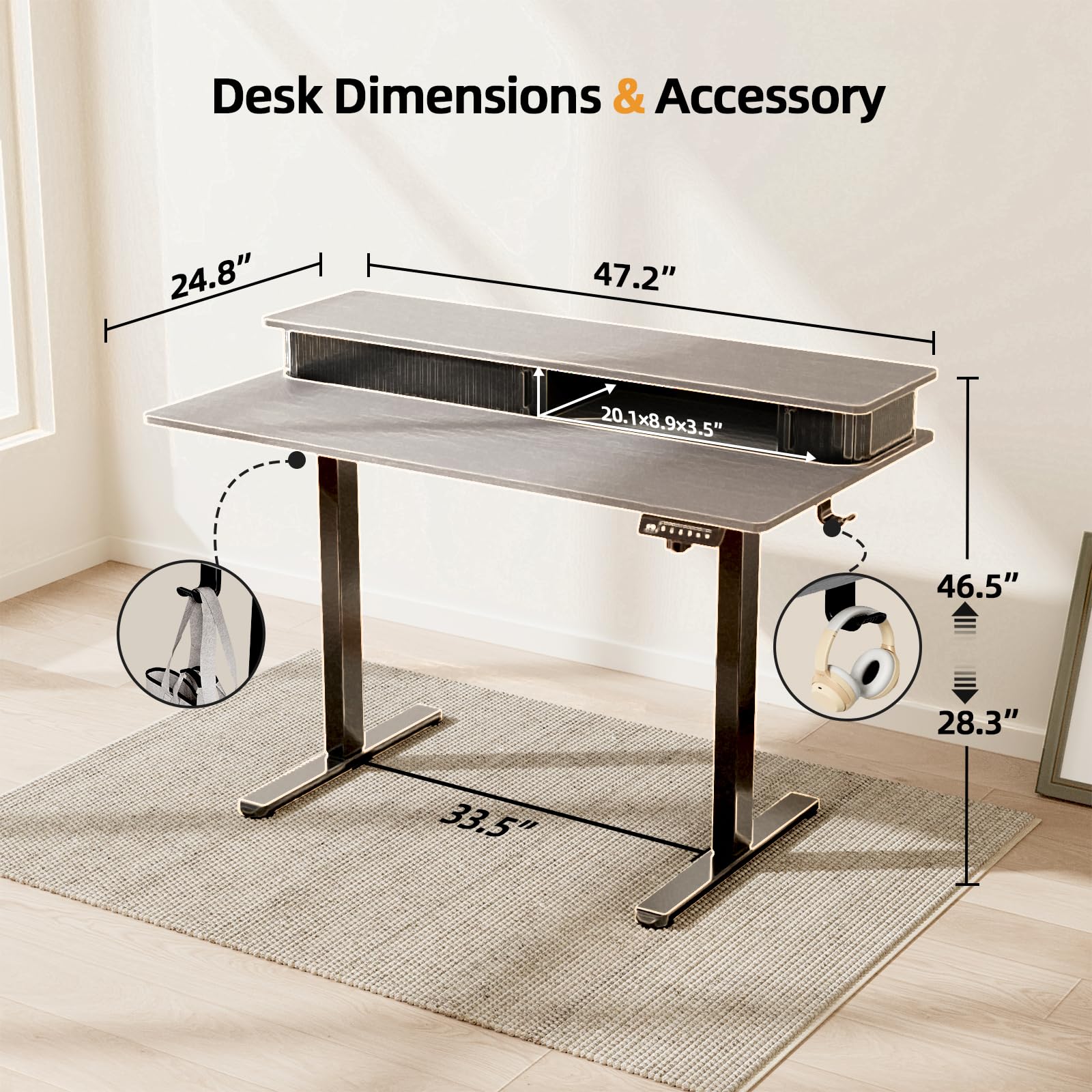 JOY Worker 48 Inch Electric Height Adjustable Standing Desk with Storage Shelves & Built-in Monitor Stand - Sit Stand Desk with 2 Hooks for Home Office (Grey Desktop & Black Frame) - Perfect for Remote Work, Gaming Setup & Ergonomic Workspace