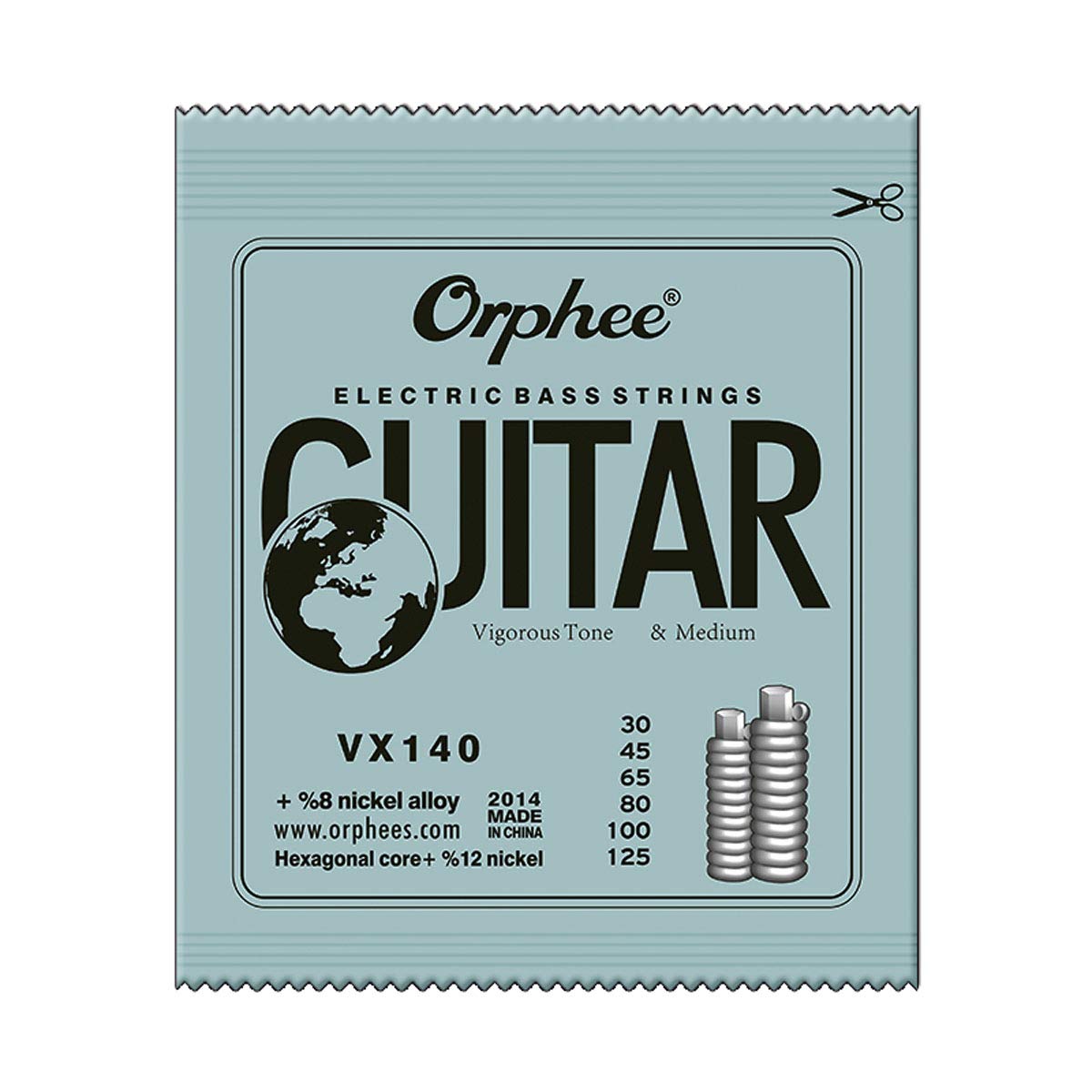Orphee VX140 Hexagonal Steel Nickel Wound Electric Bass Guitar Strings - 6-String Set (Long Scale .030 .045 .065 .080 .100 .125) for Professional Musicians & Studio Recording