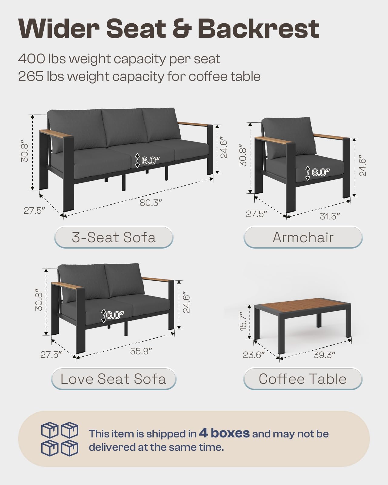 5-Piece Aluminum Outdoor Patio Furniture Set with Coffee Table & Washable Thick Cushions - Graphite Sectional Sofa Set for Porch, Balcony, Deck, Yard - Perfect for Relaxing, Entertaining & Outdoor Gatherings