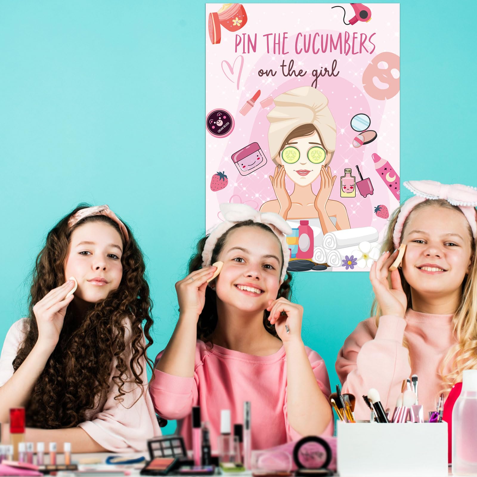 SPA Party Games Kit - Pin The Cucumbers on The Girl Game with Stickers, Poster & Blindfold - 20x27 Inch Spa Party Decorations for Kids, Girls & Women - Perfect for Makeup Parties, Birthday Parties & Girls Night Out Fun