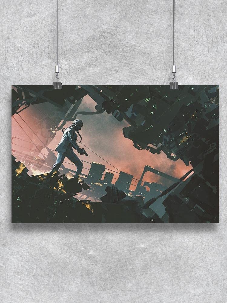 Futuristic Man Destroyed City Poster - High-Resolution Digital Art Print for Home & Office Decor - Apocalyptic Sci-Fi Wall Art for Gamers & Movie Fans
