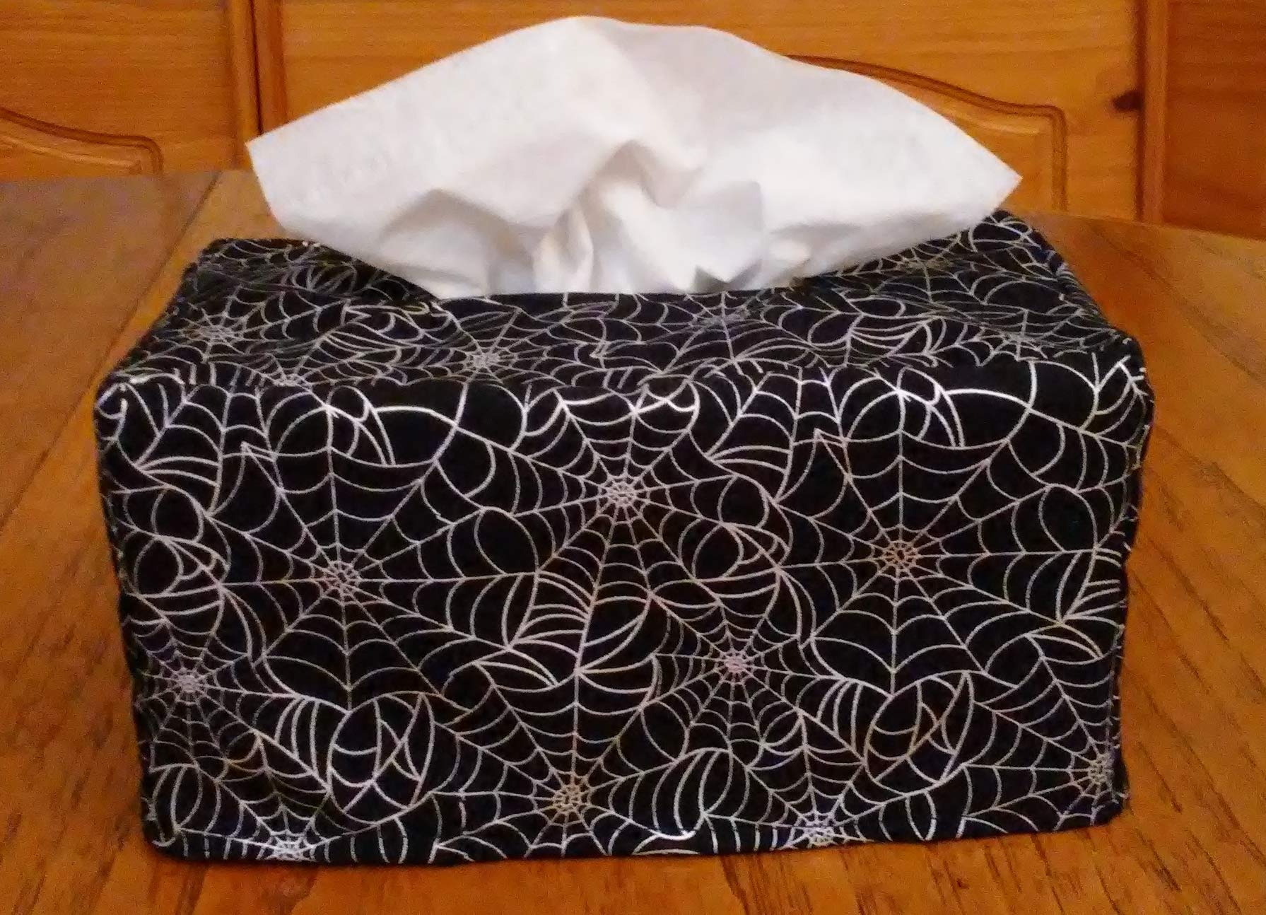 Glow in the Dark Spider Web Tissue Box Cover - Halloween Decor, Handmade Rectangle Black Fabric Tissue Box Holder for Home, Office, Party Decoration