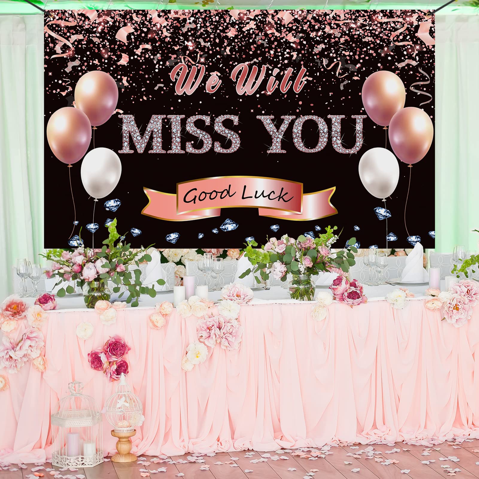 Rose Gold 'We Will Miss You' Sign Banner Backdrop - Retirement Farewell Party Decorations for Office, Graduation, Going Away & Goodbye Parties - Perfect for Work, School & Special Events