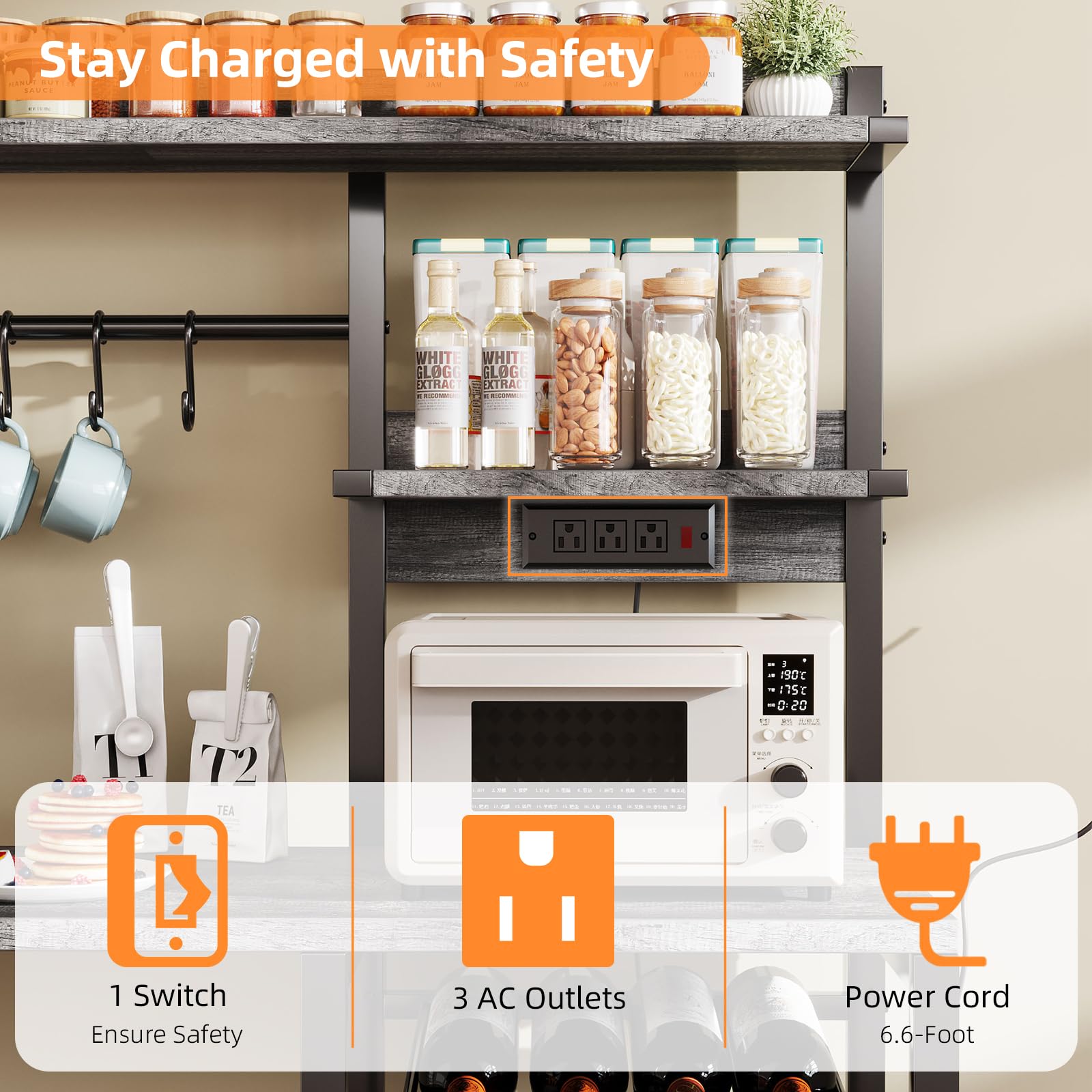 Mexin 6-Tier Large Bakers Rack with Power Outlets - Microwave Stand with Storage, Coffee Bar Station with 10 S-Shaped Hooks & Wire Basket - Grey Oak - Perfect for Kitchen Organization, Pantry Storage & Coffee Station Setup
