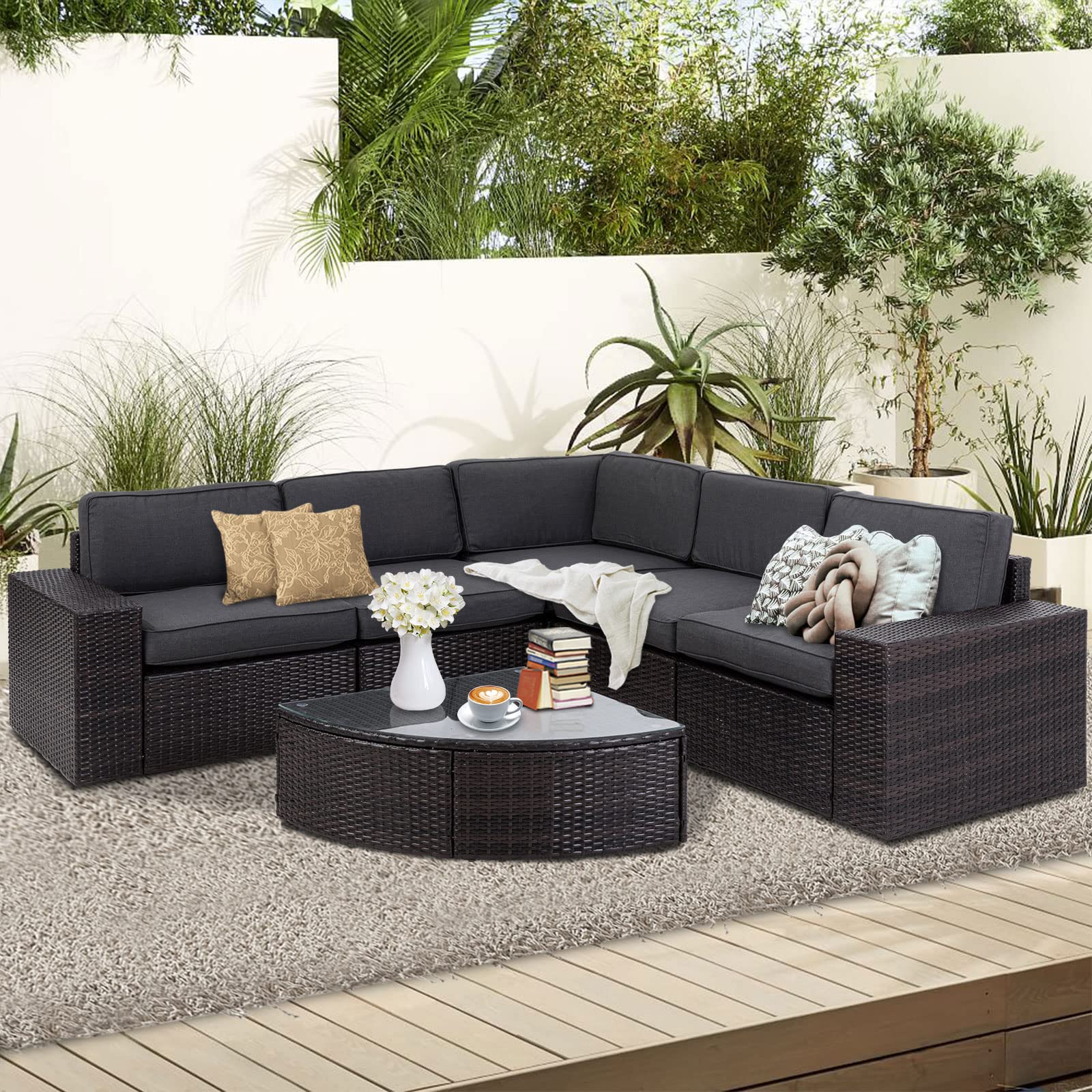 6-Piece Outdoor Sectional Sofa Set - Patio Wicker Furniture with Tempered Glass Table & Cushions (Grey) - Perfect for Backyard, Garden, Poolside & Outdoor Conversations