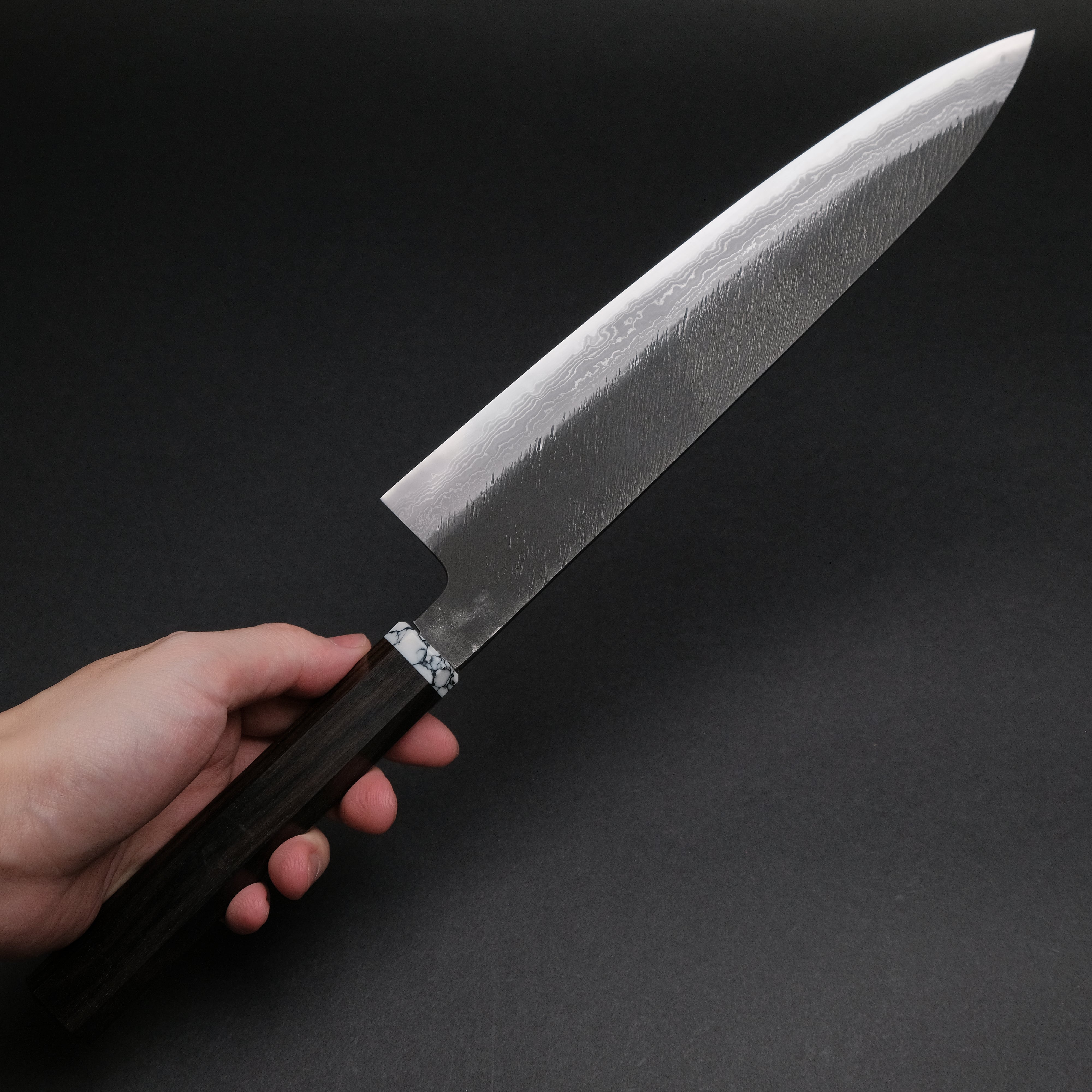 Premium Ajikataya White #2 Matsuba Damascus Gyuto 240mm Japanese Chef Knife with Ebony & TQ Handle (#07) - Perfect for Sushi, Meat Slicing & Professional Kitchen Use