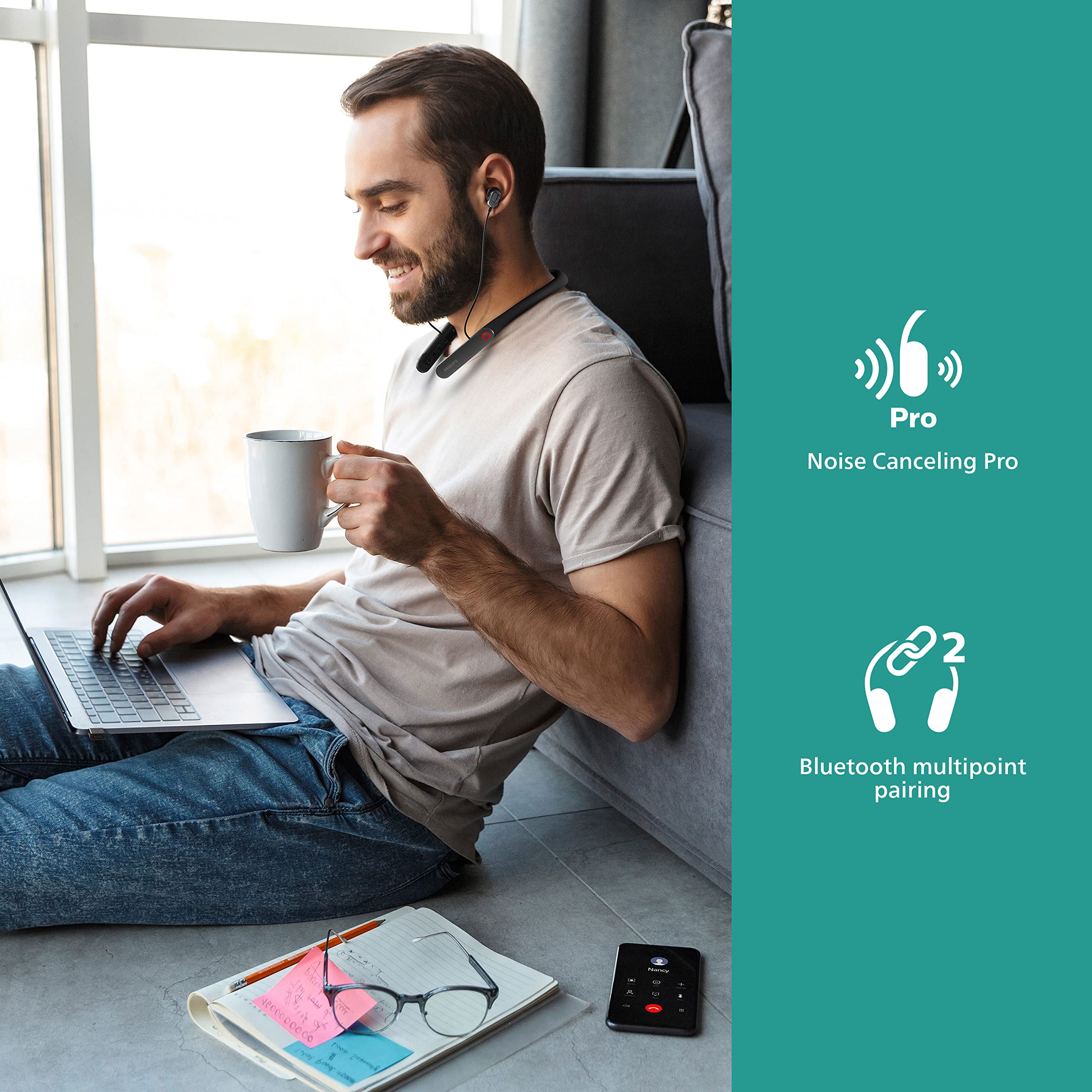 Philips N7506 Wireless Bluetooth Headphones with Noise Cancelling Mic for Clear Calls, Multipoint Connectivity, Comfortable Neckband Design - Perfect for Office, Conference Calls & Remote Work (Black, TAN7506BK/00)