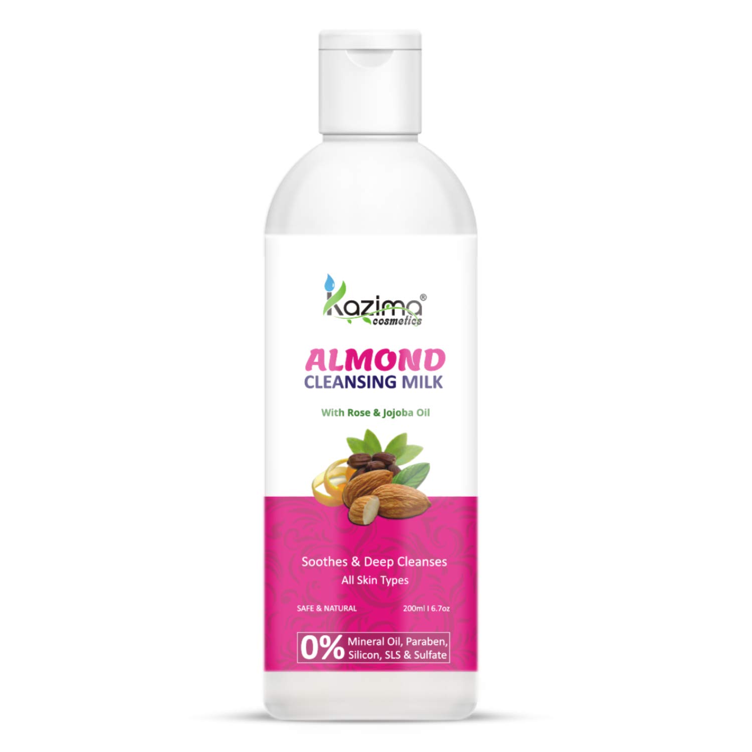 KAZIMA Almond Cleansing Milk with Rose & Jojoba Oil - Deep Cleansing & Pore Detoxifying Face Wash | 200ml | Gentle Makeup Remover for Dry & Sensitive Skin | Perfect for Daily Skincare Routine & Nighttime Cleansing