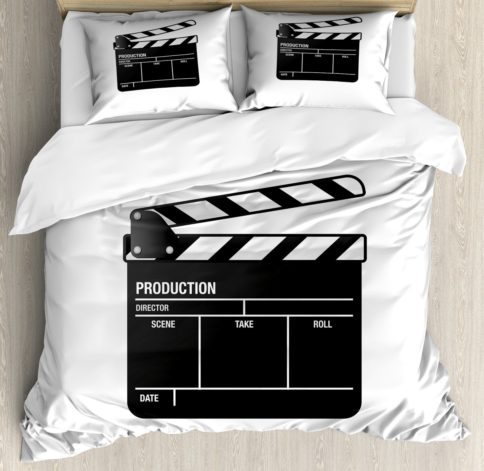 Ambesonne Movie Theater Duvet Cover Set - Realistic Film Clapper Board Design 3-Piece Bedding Set with 2 Pillow Shams, King Size Black & White | Perfect for Film Enthusiasts, Home Theater Decor & Cozy Movie Nights