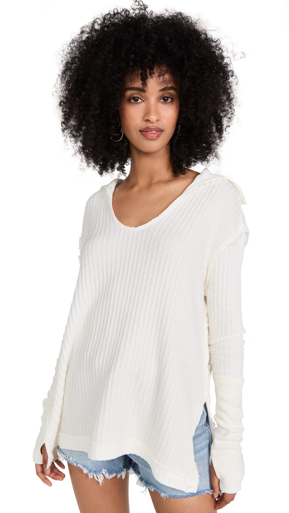 Free People Women's Raymond Thermal Shirt - Long Sleeve Button Down Top in White & Bones Print, Size S | Casual Winter Layering & Outdoor Activities