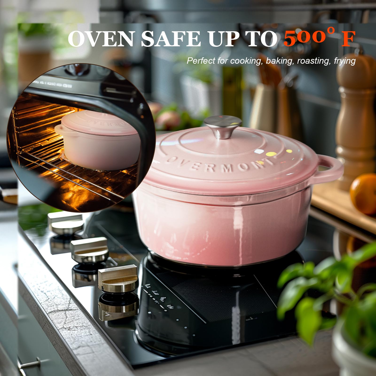 Overmont 5.5QT Enameled Cast Iron Dutch Oven with Lid - Heavy Duty Cookware for Braising, Stewing, Roasting & Bread Baking - Includes Free Cookbook & Cotton Potholders - Perfect for Kitchen, Camping & Outdoor Cooking (Pink)