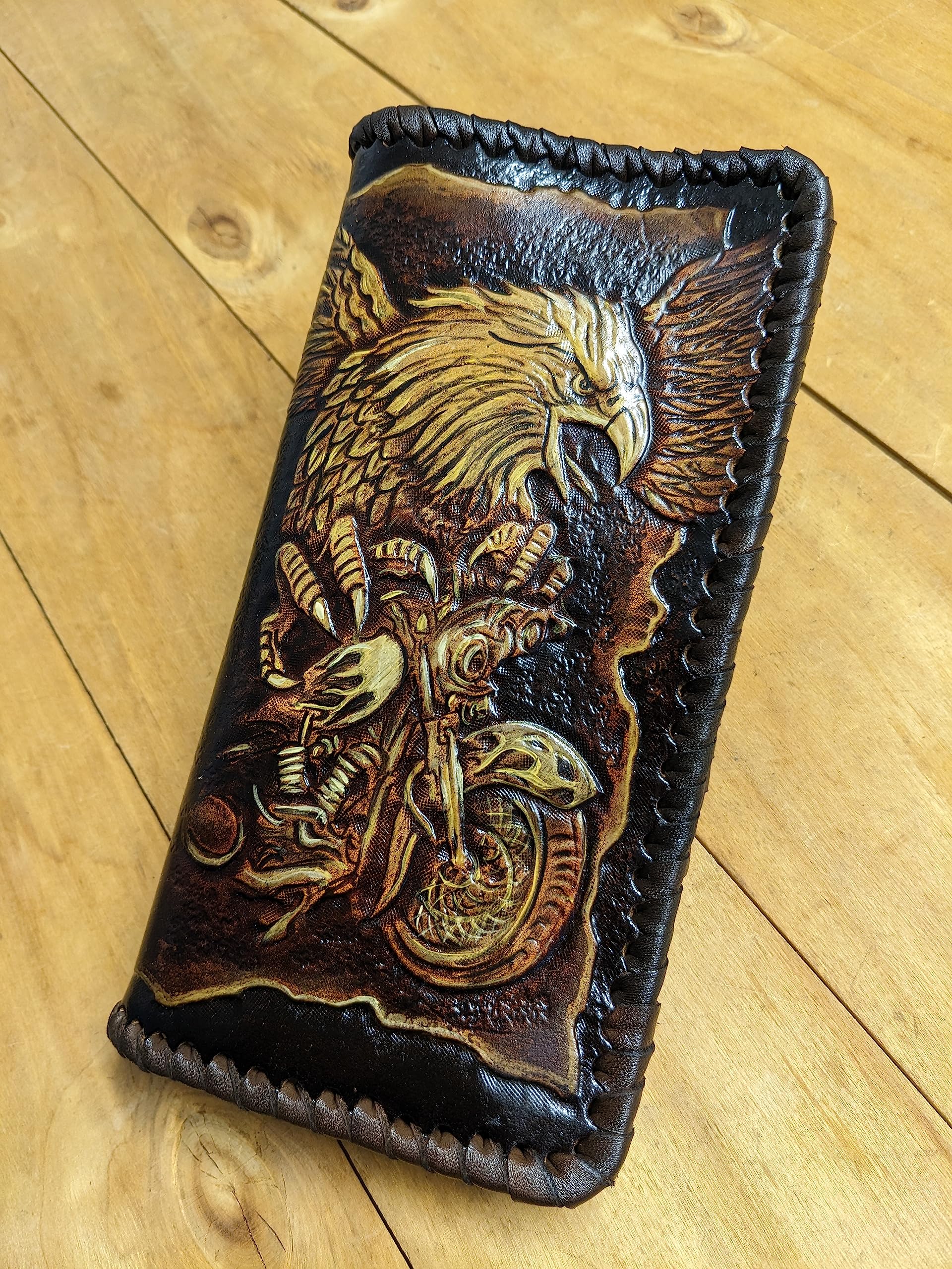 Handcrafted Genuine Leather Biker Wallet for Men - 3D Carved American Flag & Eagle Design - Custom Personalized Long Wallet - Perfect for Motorcycle Riders & Patriotic Gifts