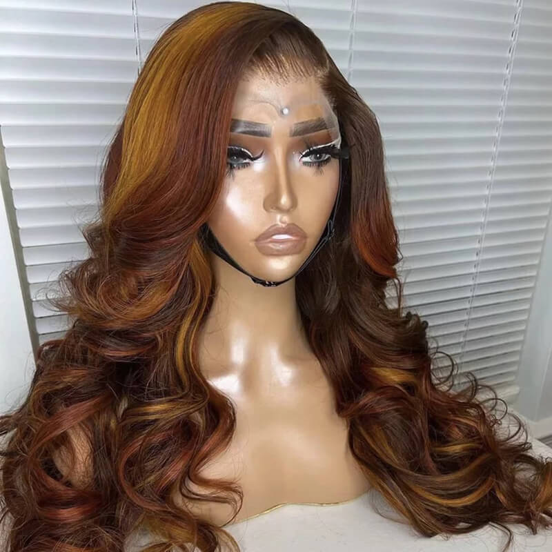 Eullair Mixed Color Highlights P4/Golden/Ginger Body Wave Lace Frontal Human Hair Wig - Natural Look for Daily Wear & Cosplay
