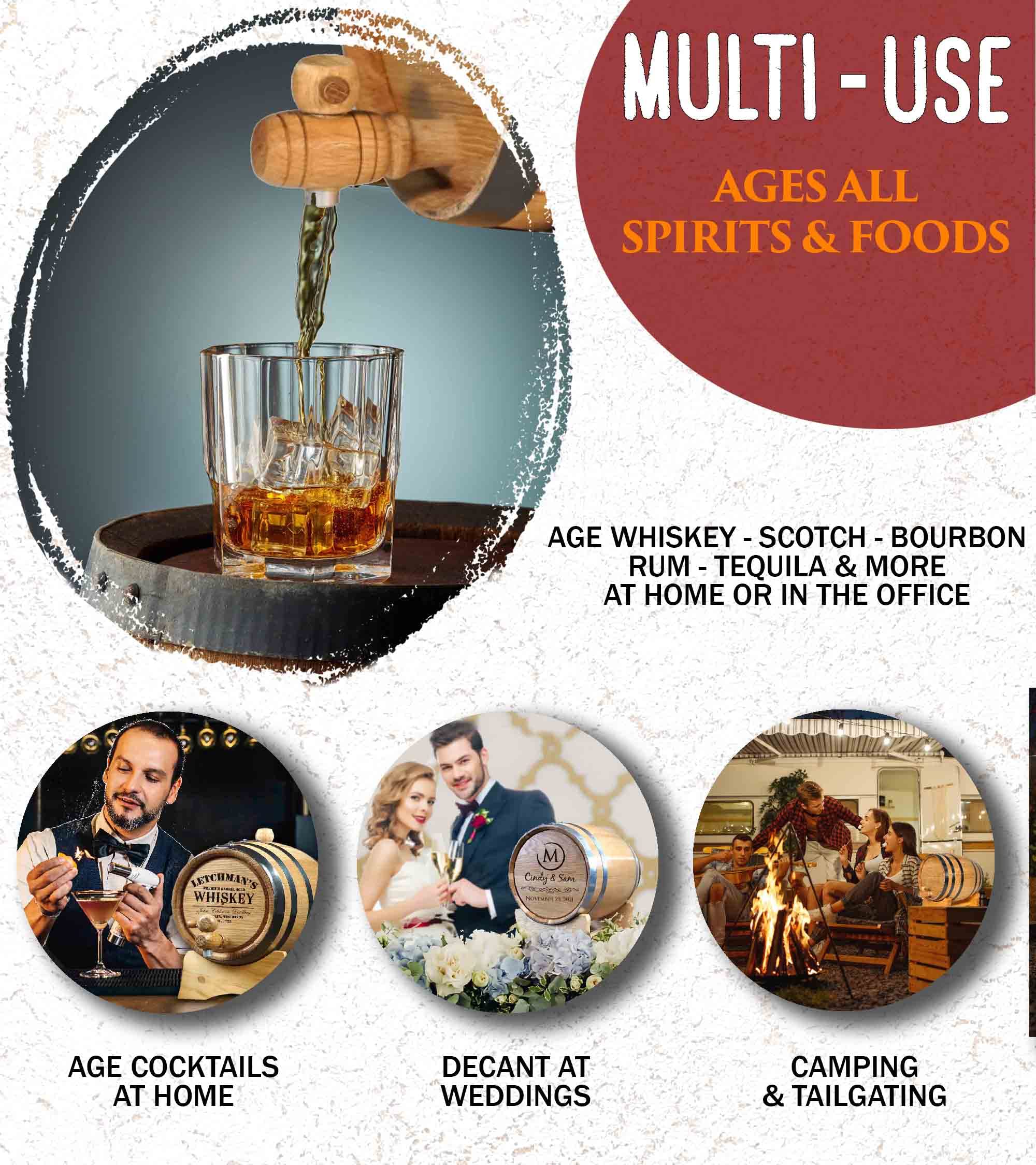 10 Liter American Oak Bourbon Aging Barrel (2.5 Gallon) with Stand, Bung & Spigot - Premium Whiskey, Rum, Tequila, Beer & Wine Aging Kit - Laser Engraved B512 Design - Perfect for Home Brewing, Cocktail Crafting & Bar Decor