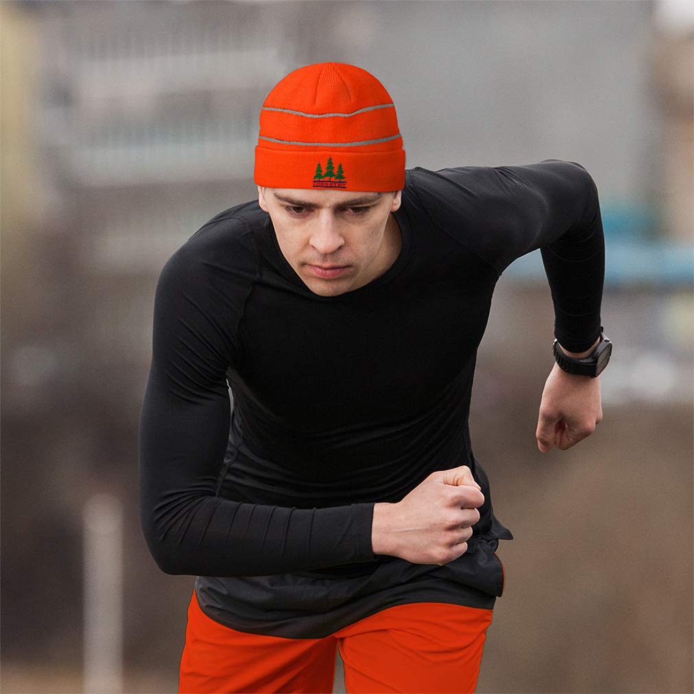 High Visibility Reflective Beanie with Forestry Embroidery - Acrylic Skull Cap for Men & Women - Custom Neon Orange Running Gear - Perfect for Night Jogging, Cycling & Outdoor Safety Work