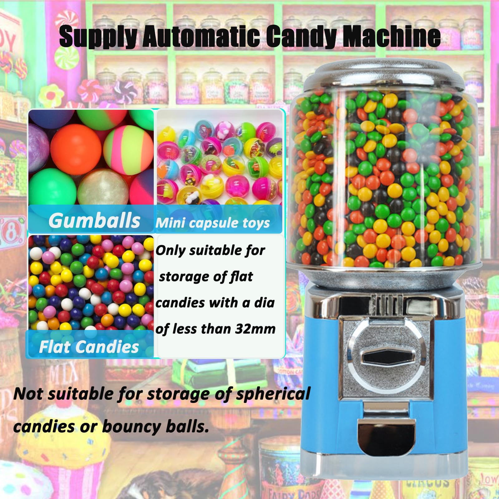 LOYALHEARTDY 25 Cent Coin Operated Gumball Machine - Automatic Candy Vending Machine for Home, Office, Arcade & Gaming Stores - Fun Blue Retro Candy Dispenser for Parties, Events & Retail Business