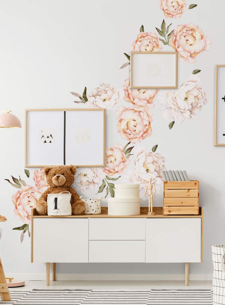 Vintage Peach Peony Flower Wall Decal - Large Set of Simple Shapes, Removable & Reusable Wall Stickers for Bedroom, Nursery, Living Room Decor