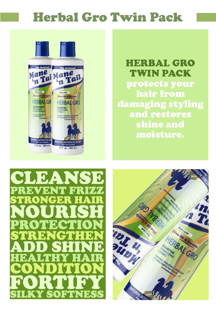Mane 'n Tail Herbal Gro Shampoo & Conditioner Set - 12oz (355ml) with Olive Oil & Keratin for Hair Growth, Strength & Shine - Perfect for Damaged Hair & Scalp Care - Salon Quality for Men & Women