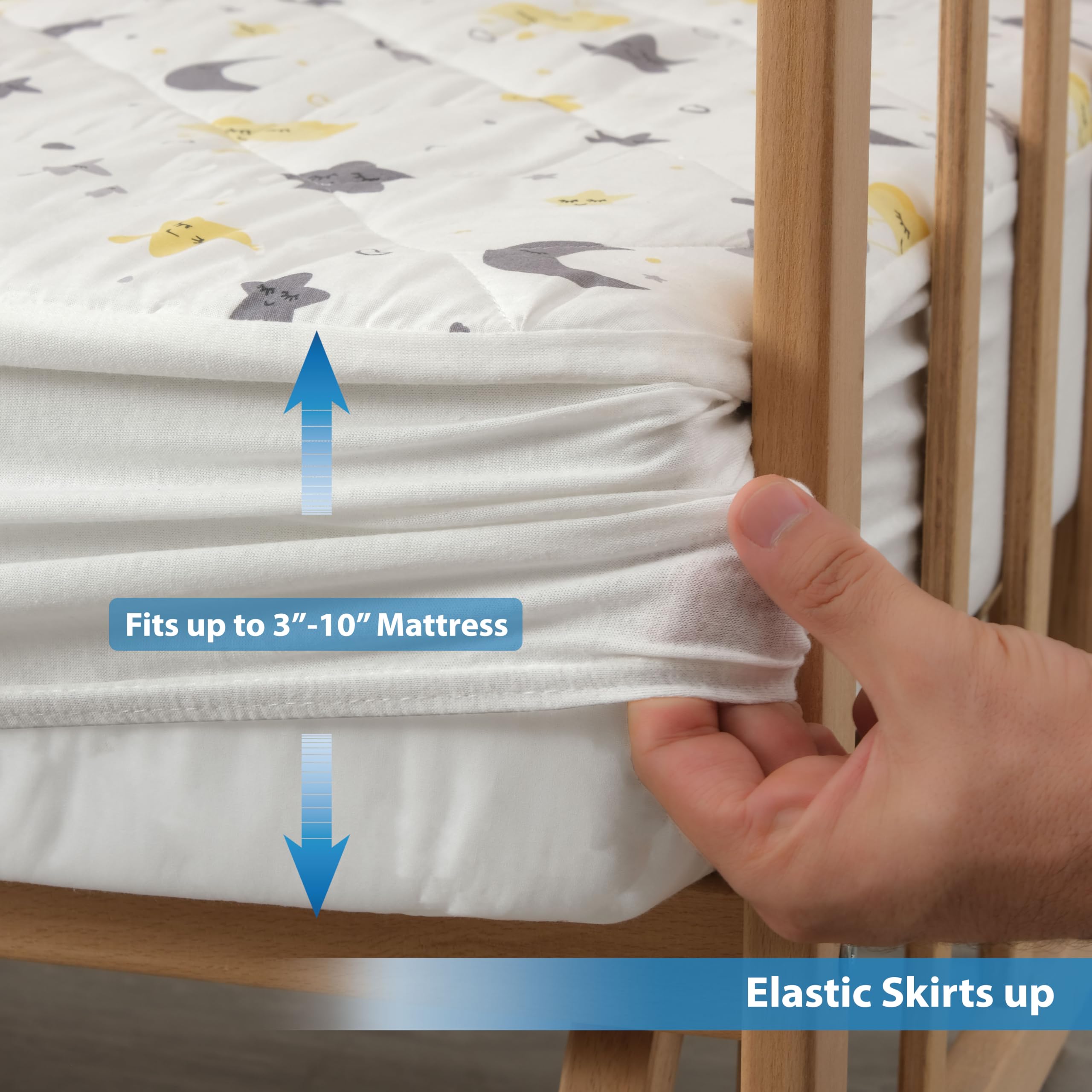 Waterproof Crib Mattress Protector - 100% Cotton Quilted Absorbent Sheet for Baby & Toddler - Certified Noiseless Machine Washable - Moon & Star Pattern 52