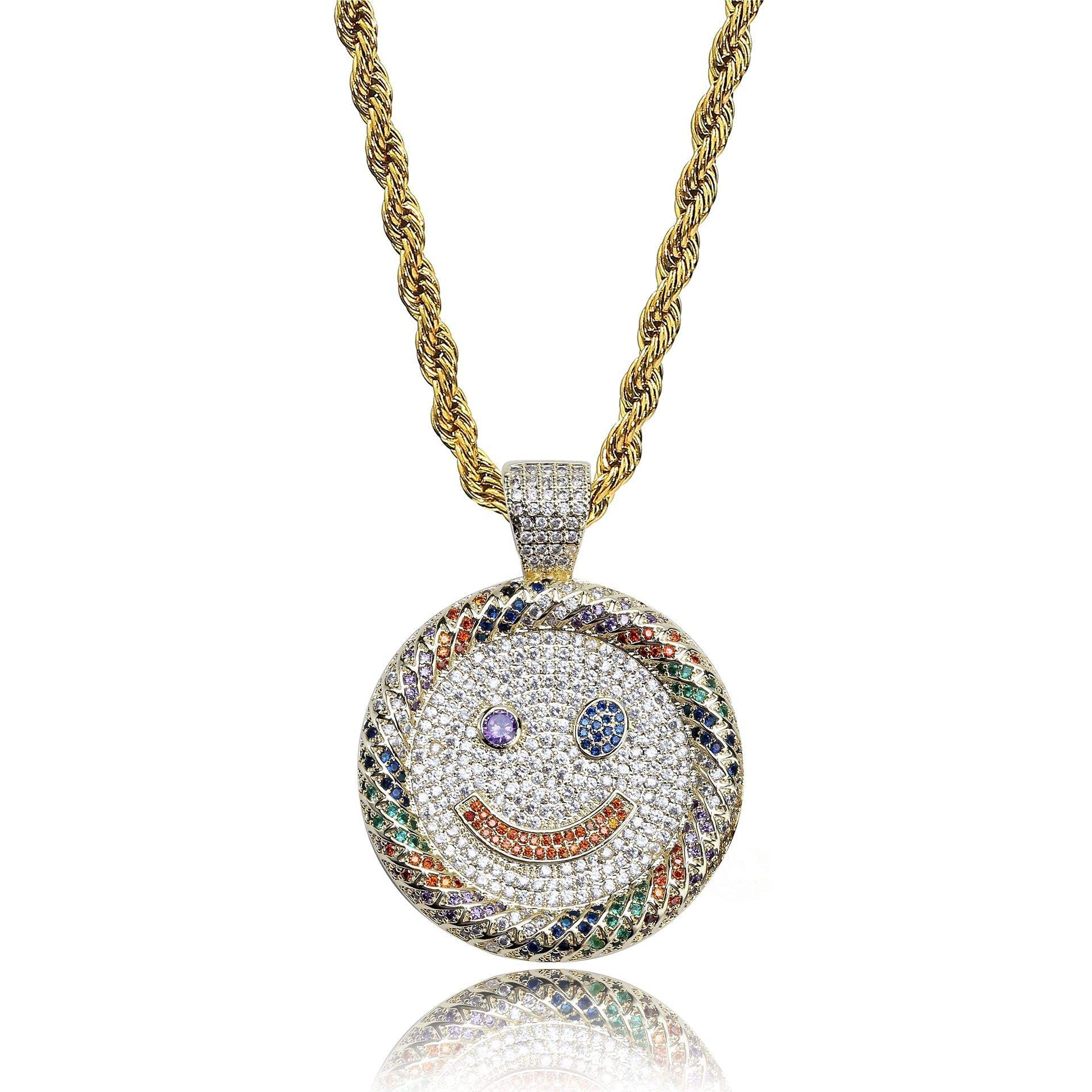 YYQPF Men's Luxury Fashion Hip Hop Necklace - Iced Out Diamond & CZ Smile Face Pendant Bling Chain for Casual Wear, Parties & Gifts