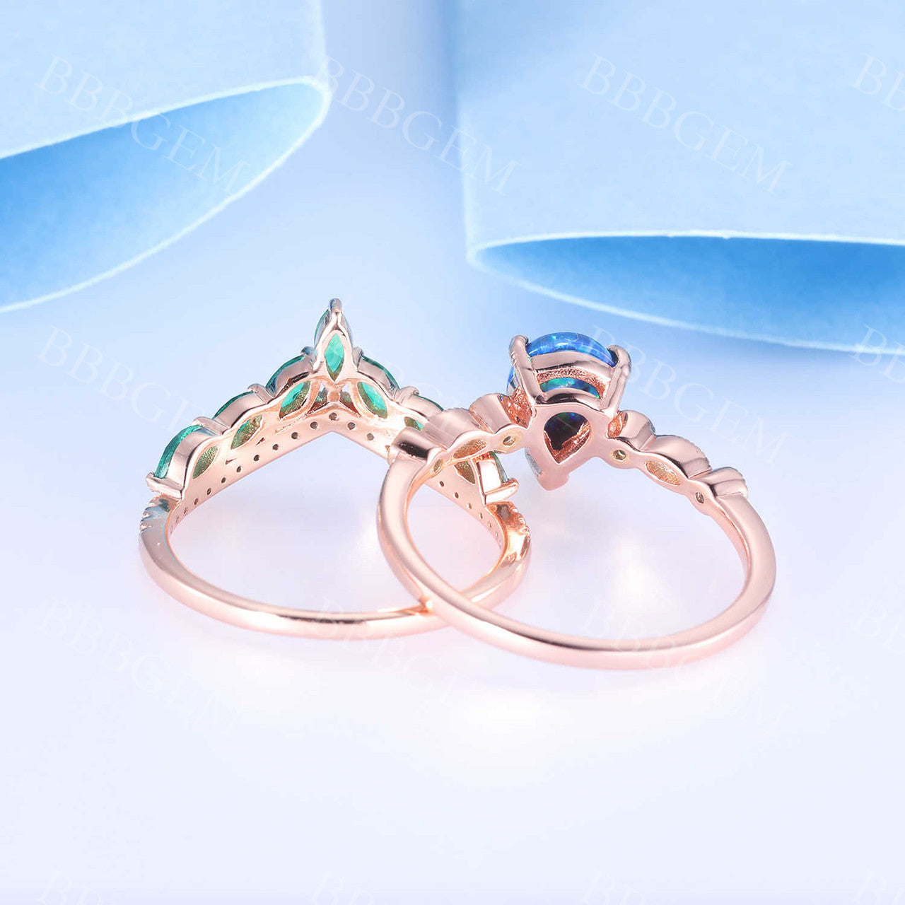 Exquisite Pear Cut Black Opal Engagement Ring with Diamond Crown & Chevron Eternity Band Set - Perfect for Proposals, Anniversaries & Special Occasions