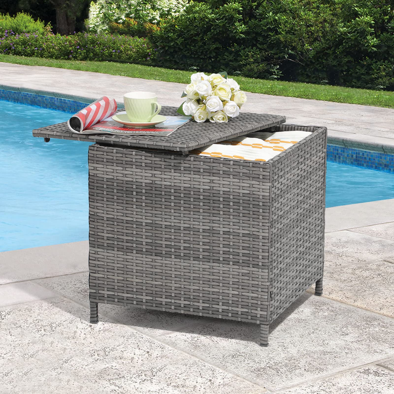 Verano Outdoor Wicker Side Table - Small Square Rattan Coffee Table with Storage for Garden, Porch, Deck, Living Room & Backyard - Weather-Resistant Resin Furniture (Gray) | Perfect for Patio Lounging, Poolside Relaxation & Outdoor Entertaining