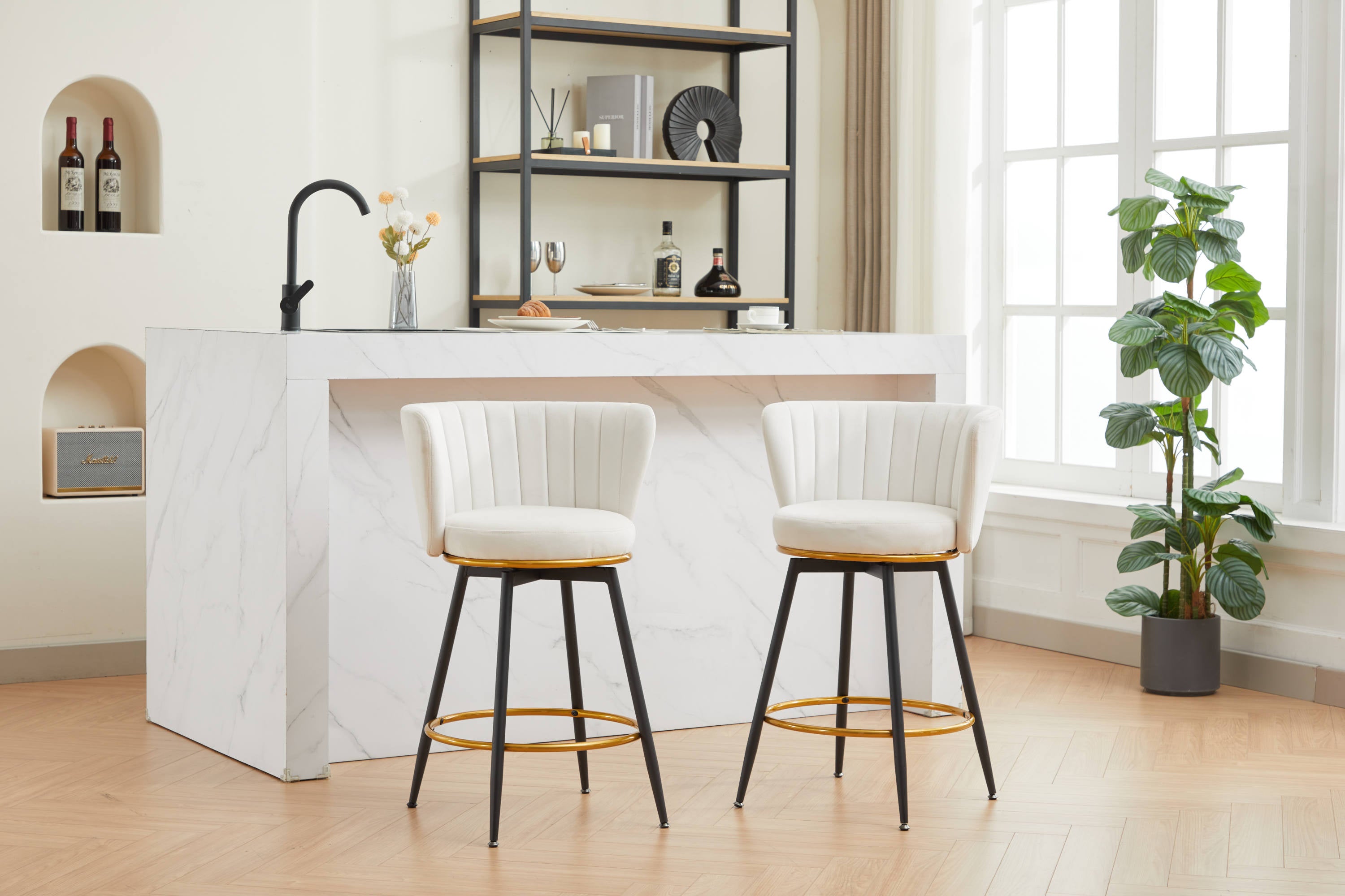 Set of 2 Counter Height Bar Stools - 360° Swivel Upholstered Barstools with Back Support & Sturdy Metal Legs, 26 Inch Seat Height, Soft Velvet Fabric, Gold Footrest - Perfect for Kitchen Islands, Breakfast Bars & Home Bars