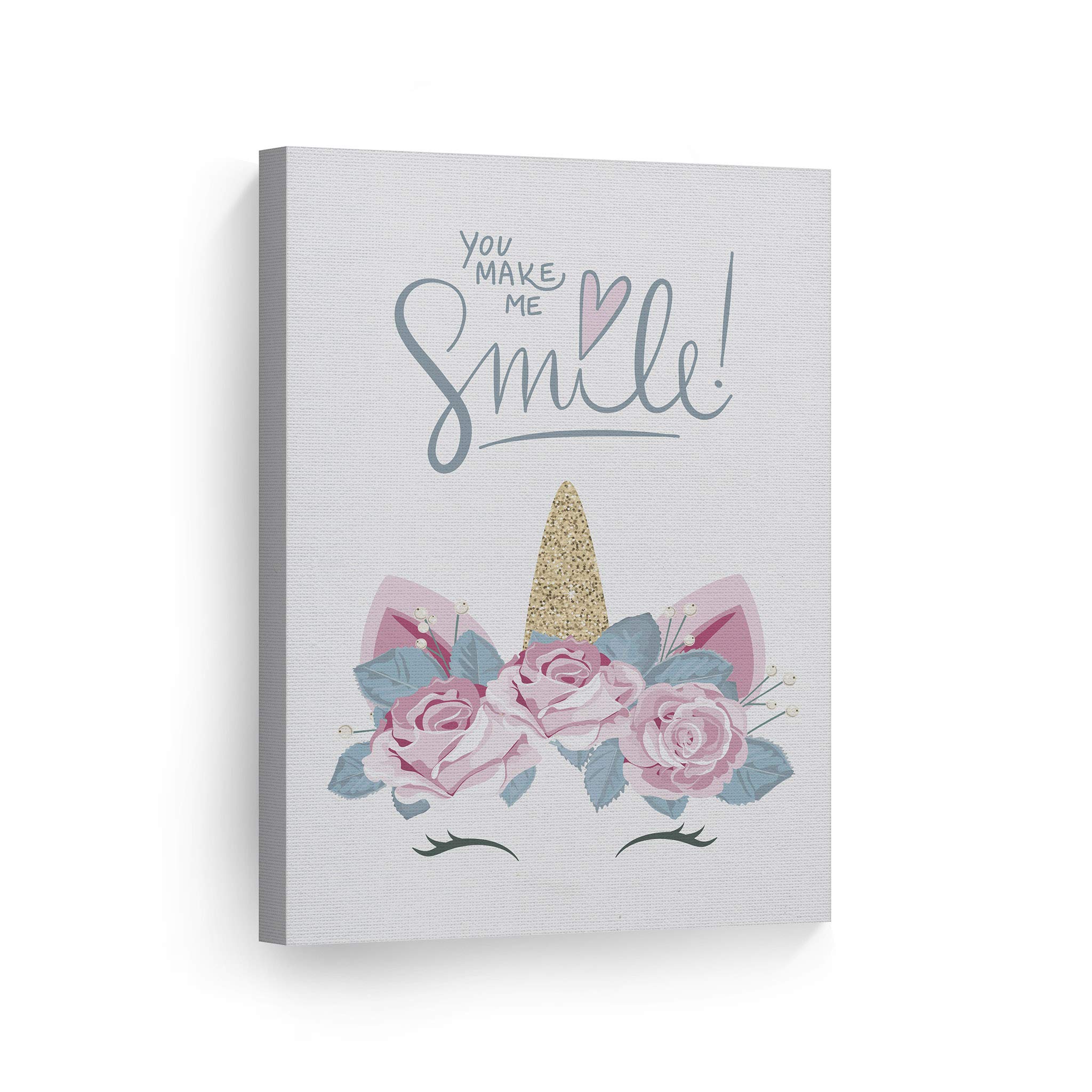 Golden Horn Unicorn with Pink Flowers Canvas Print - Inspirational Quote Wall Art for Kids Room, Nursery & Baby Room Decor - Ready to Hang Made in USA (28x19 inches) - Perfect for Birthday Gifts, Baby Showers & Children's Bedroom Decoration