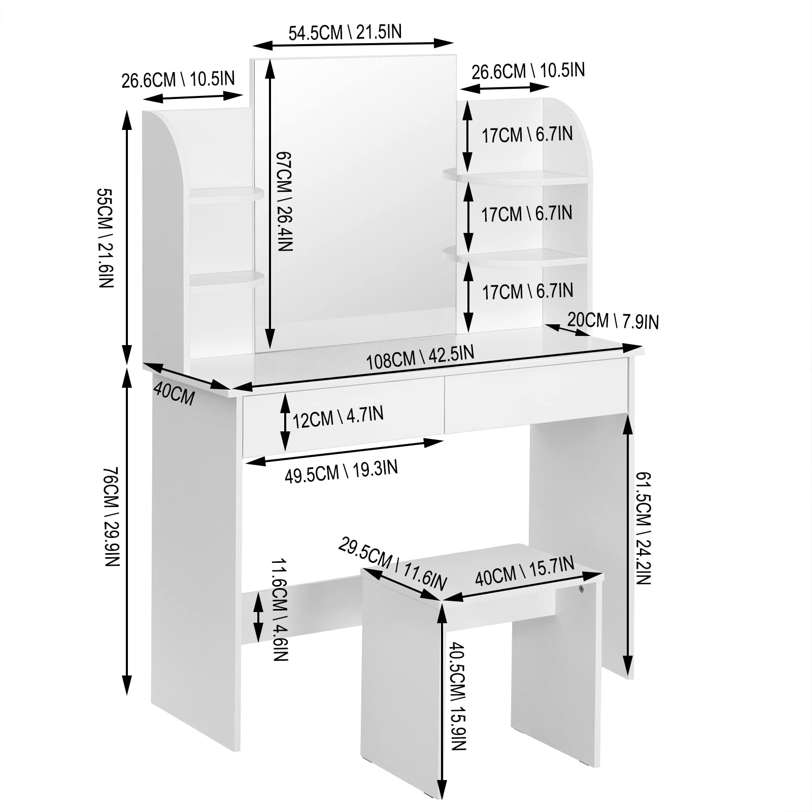 WOLTU White Makeup Vanity with Stool & Mirror, 2 Drawers & 4 Shelves - Perfect for Home Beauty Salon