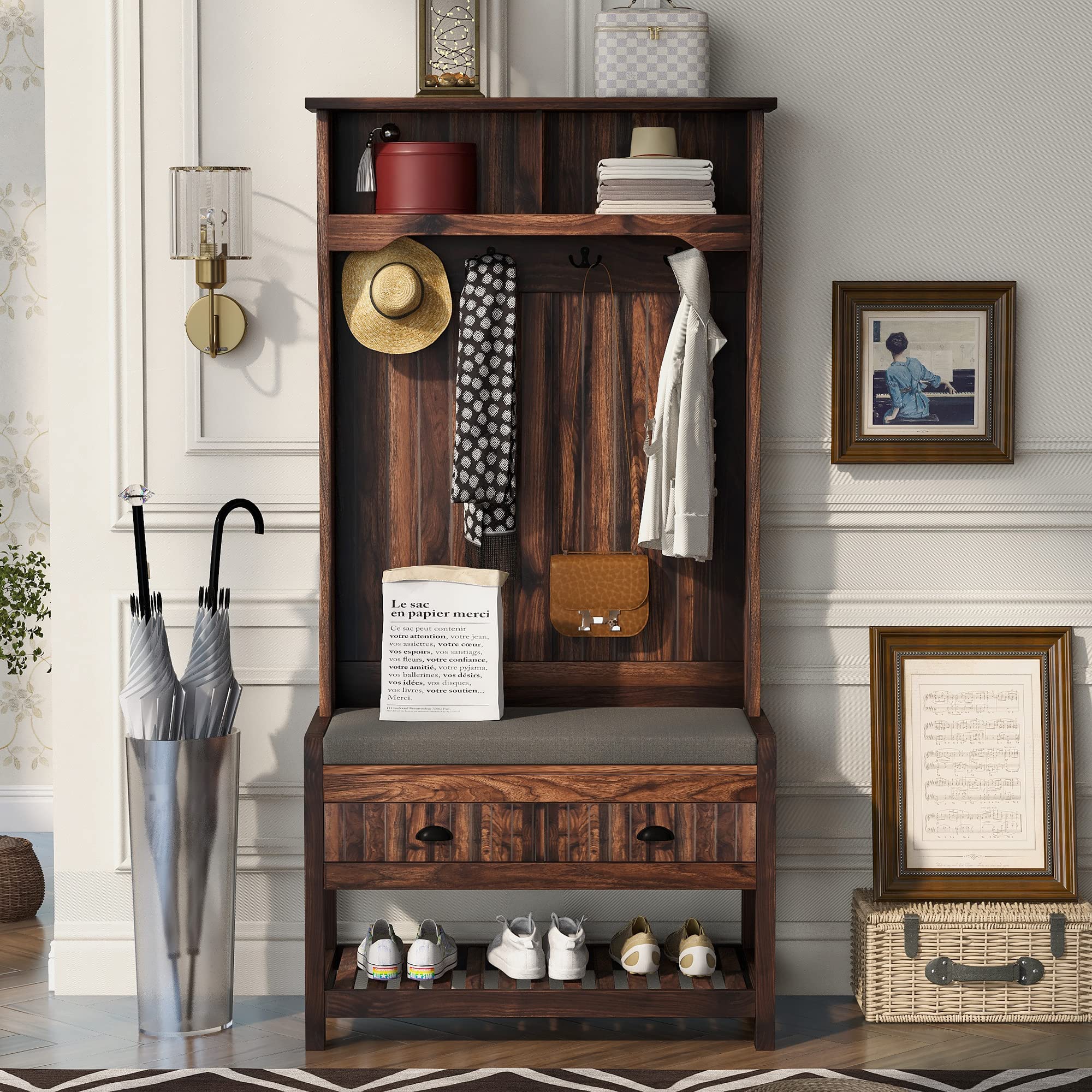3-in-1 Entryway Hall Tree with Storage Bench - Modern Coat Rack & Shoe Cabinet with Top/Bottom Storage - Space Saving Entryway Organizer for Living Room, Hallway & Foyer (Brown) - Perfect for Small Spaces & Home Organization