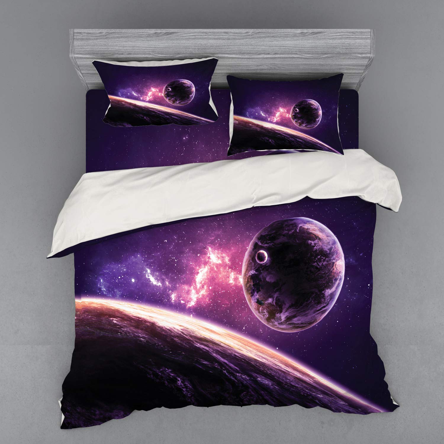 Ambesonne Galaxy Bedding Set - King Size 4-Piece Duvet Cover with Shams & Fitted Sheet | Purple Nebula Celestial Comet Astronomy Print | Soft Microfiber Bedding for Space-Themed Bedroom Decor