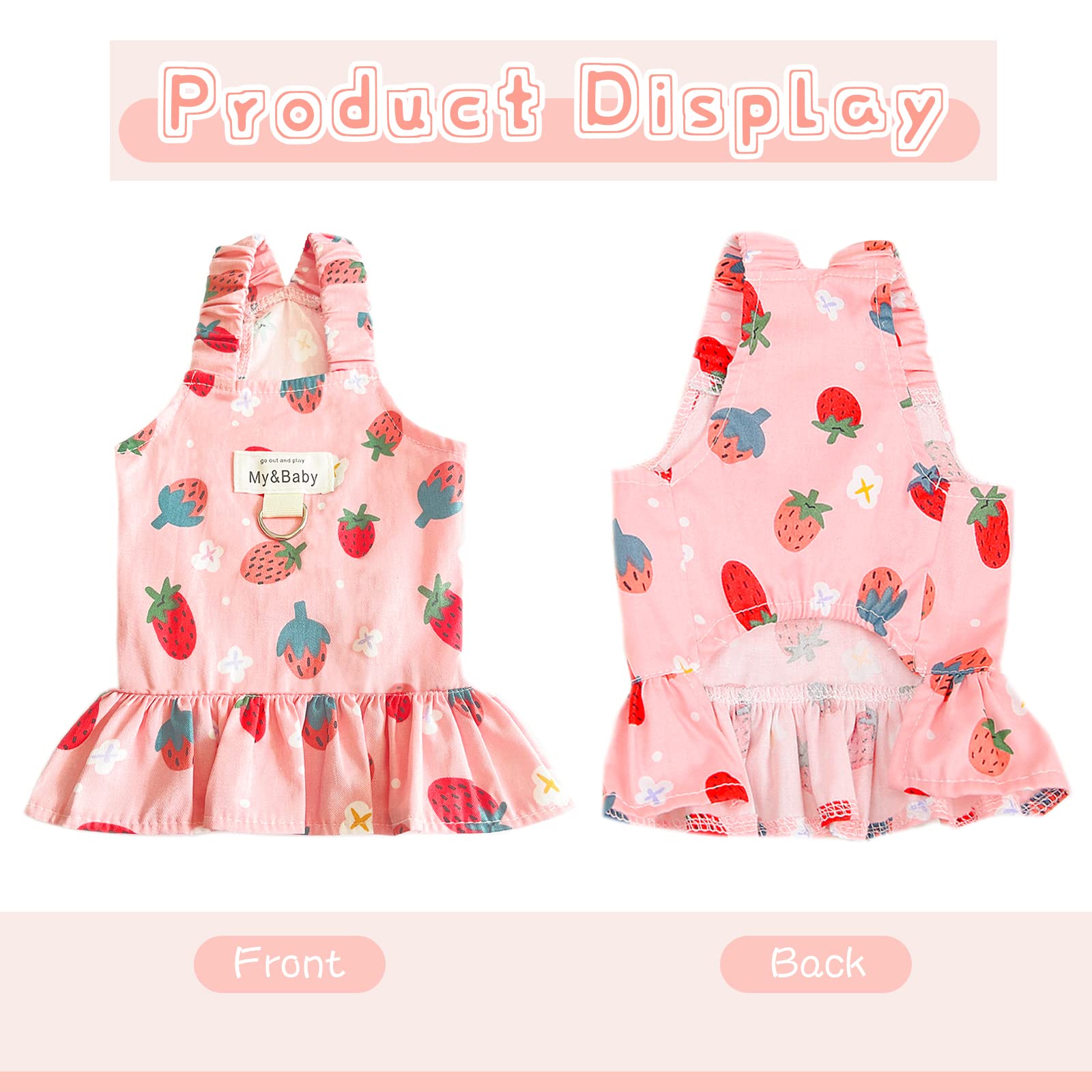 Small Dog Dress Harness and Leash Set - Cute Princess Birthday Outfit with Soft Fruit Print for Puppies - Perfect for Chihuahua, Yorkie & Shih Tzu (Pink Strawberry, Medium) | Great for Birthday Parties, Photo Shoots & Daily Walks