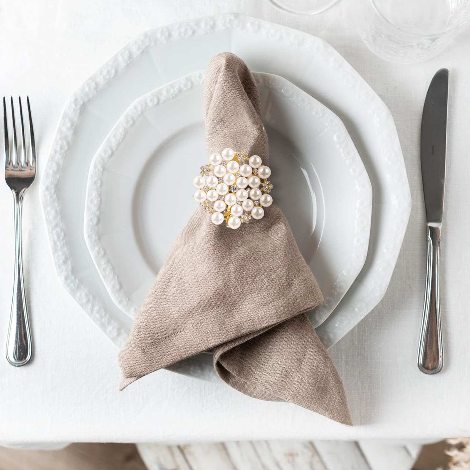ZeeDix 8-Pack Rhinestone Pearl Napkin Rings - Elegant Gold Serviette Holders for Wedding, Christmas, Thanksgiving & Holiday Dinner Table Decor - Perfect for Formal Dining, Party Settings & Special Occasions