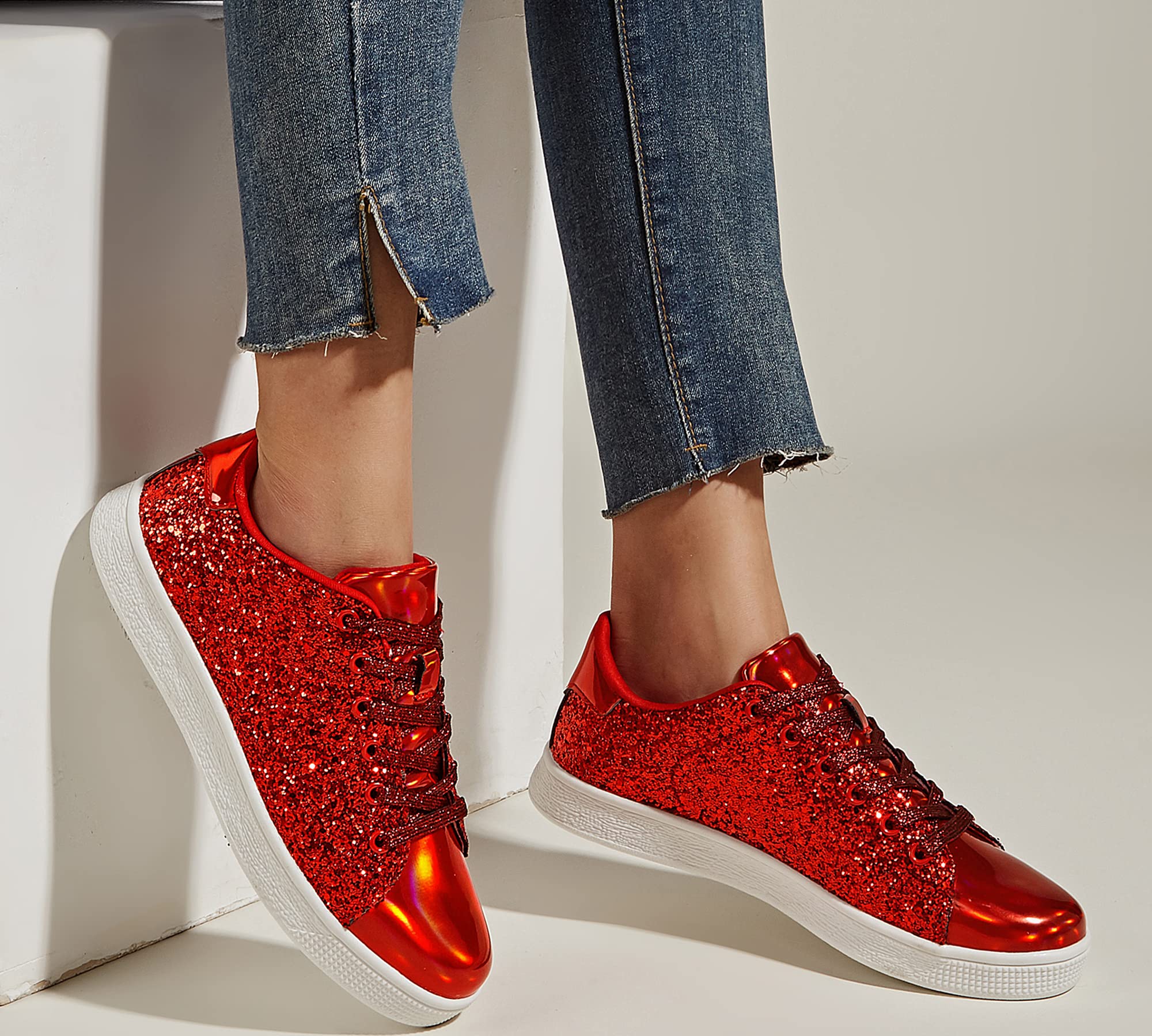 LUCKY STEP Women's Glitter Sneakers - Fashion Lace Up Sparkly Shoes for Casual Wear, Parties & Everyday Outfits | Trendy Comfortable Walking Shoes