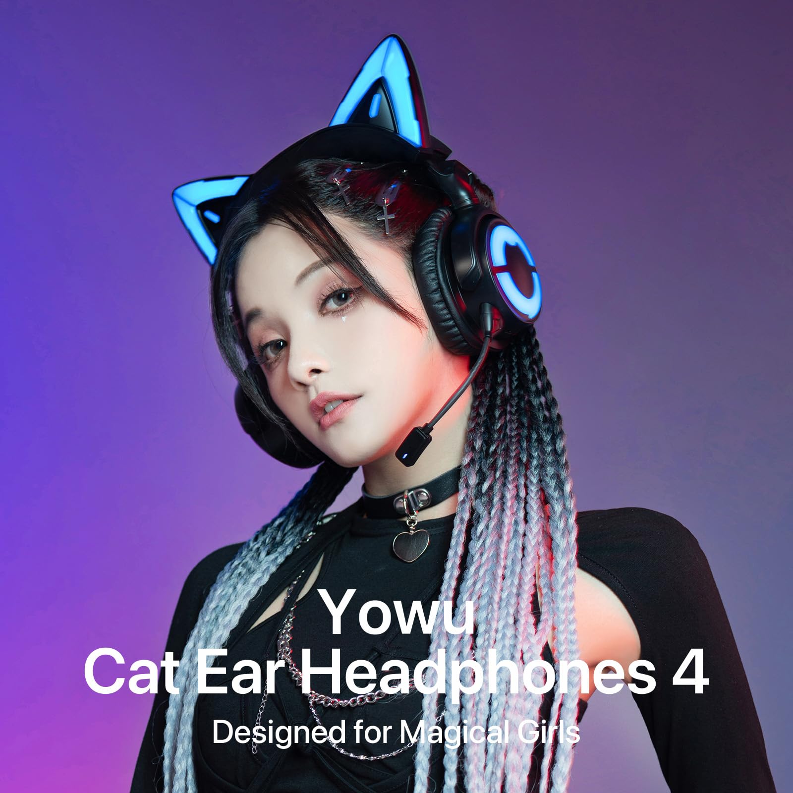 YOWU Cat Ear Headphones RGB Wireless & Wired Gaming Headset with Microphone for PC, PS4, PS5, XBOX, Switch - Noise Cancelling, APP Customizable LED Lights (Black) - Perfect for Gaming, Streaming, and Cosplay