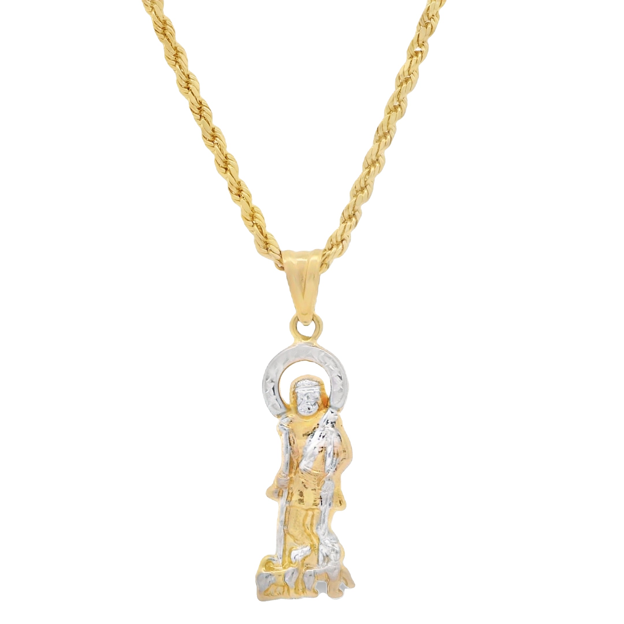 14K Gold Saint Lazarus Pendant with Hollow Rope Chain Necklace - 22 Inches JTJ™ - Perfect for Religious Gifts, Everyday Wear & Special Occasions