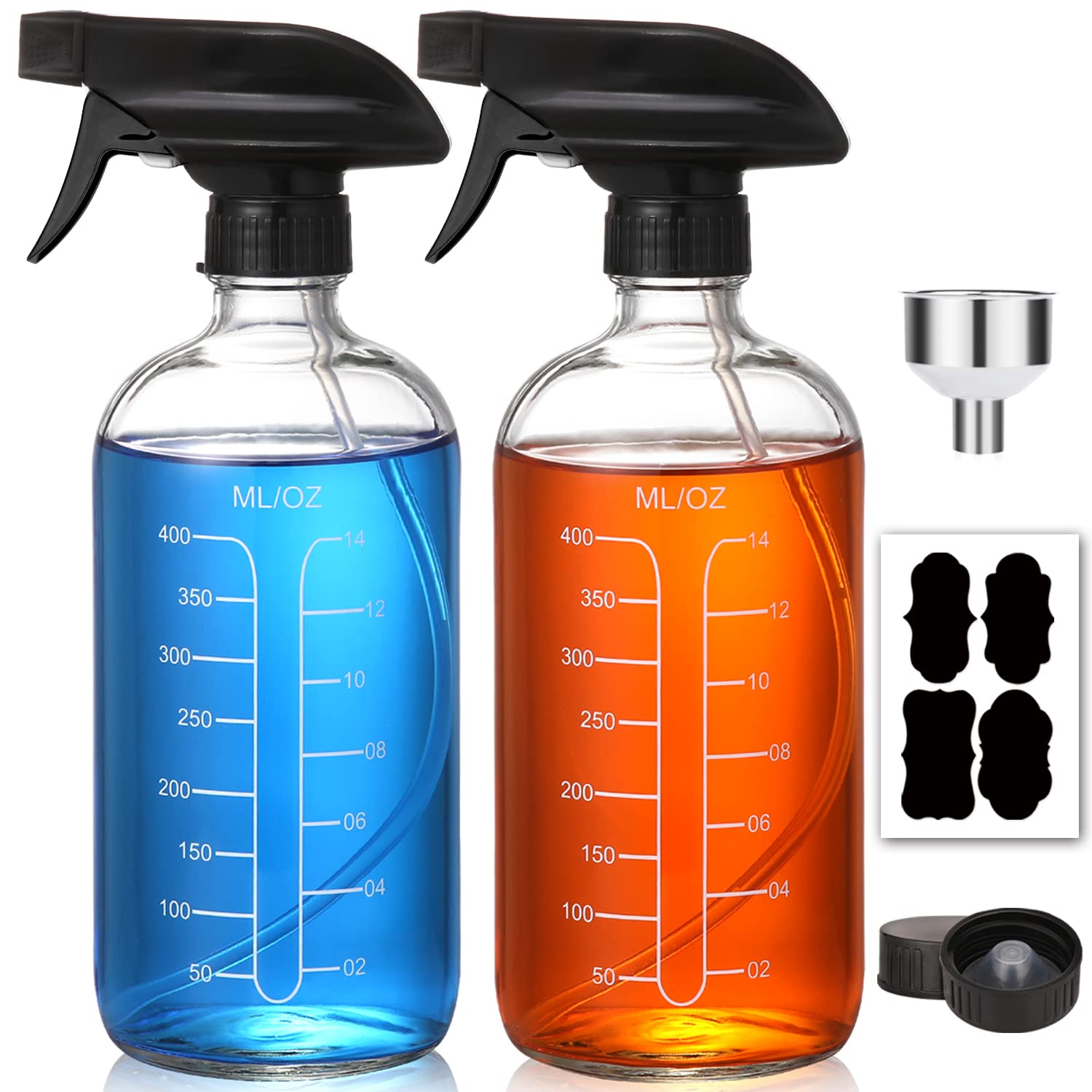 AOZITA 16oz Clear Glass Spray Bottles with Measurement Marks - Refillable Essential Oil Bottles for DIY Cleaning Solutions, Aromatherapy & Hair Care (2 Pack) - Perfect for Home, Salon & Garden Use