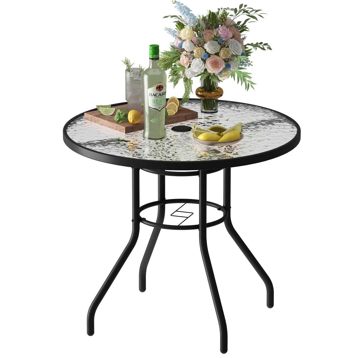 32'' Outdoor Patio Bistro Table with Tempered Glass Top & Umbrella Hole - Steel Frame Garden Furniture for Backyard, Balcony, Lawn - Perfect for Outdoor Dining, Coffee & Party Gatherings