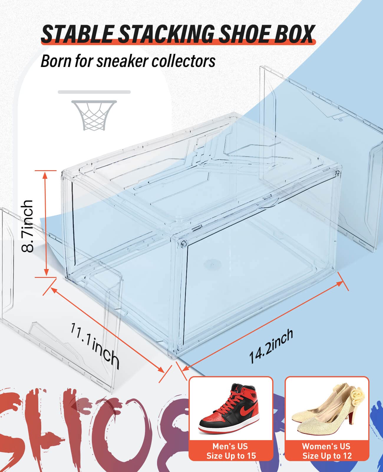 KDOR Clear Plastic Stackable Shoe Storage Boxes - 10 Pack with Magnetic Door, Acrylic Display Case for Sneakers | Fits Up to US Men's Size 15 | Strong & Durable for Closet, Bedroom, or Retail Store Organization