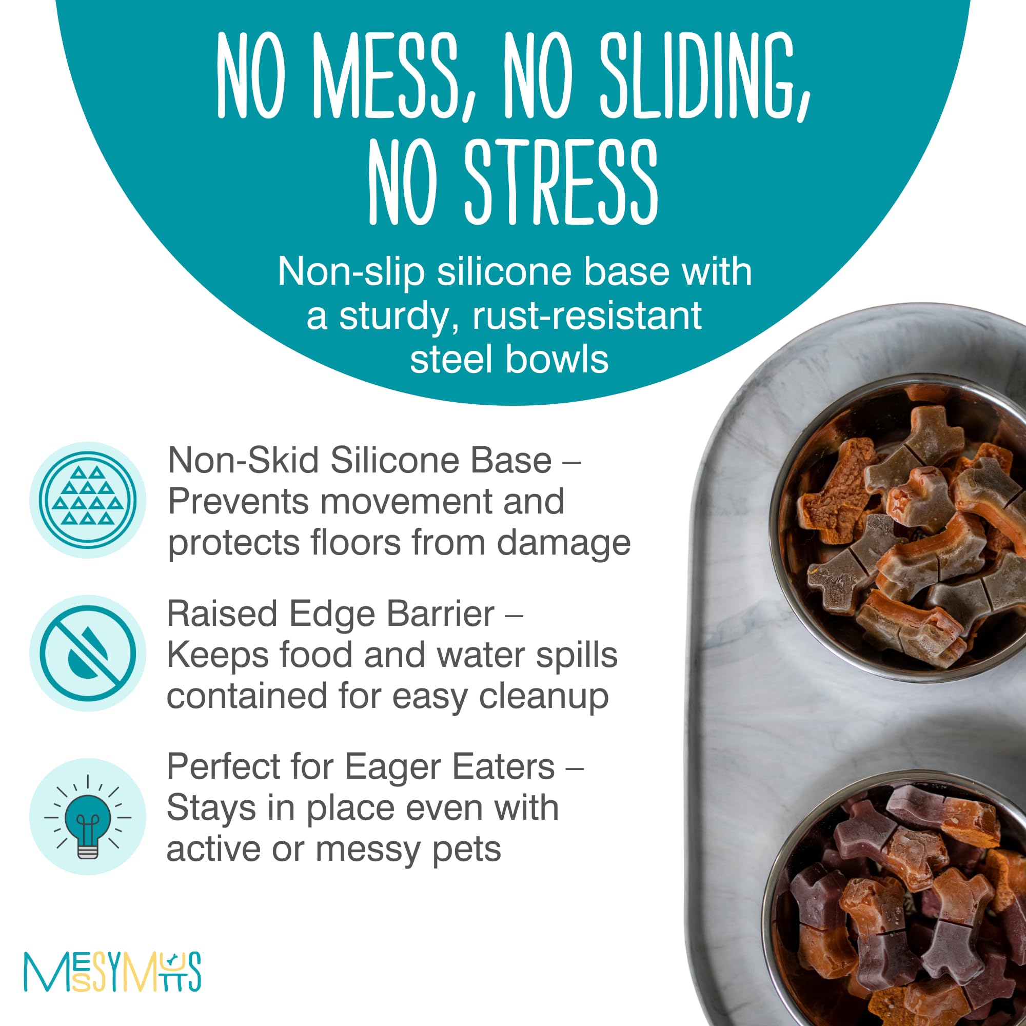 Messy Mutts Double Silicone Dog Feeder with Non-Skid Stainless Steel Bowls - 3 Cups Per Bowl, Large Size for All Pets - Perfect for Mealtime, Travel & Messy Eaters - Marble Design