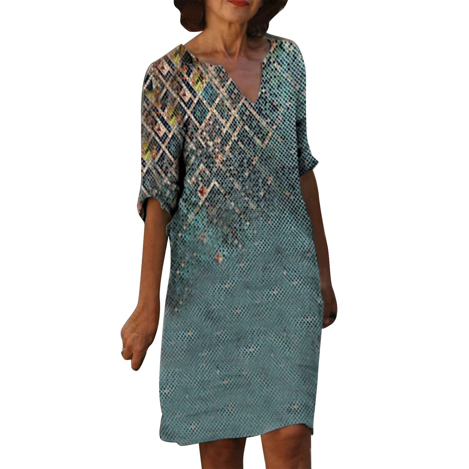 Women's Floral Print Linen Summer Dress - Half Sleeve O-Neck Knee-Length Sundress for Beach, Vacation & Casual Wear | Breathable Midi Dress for Women
