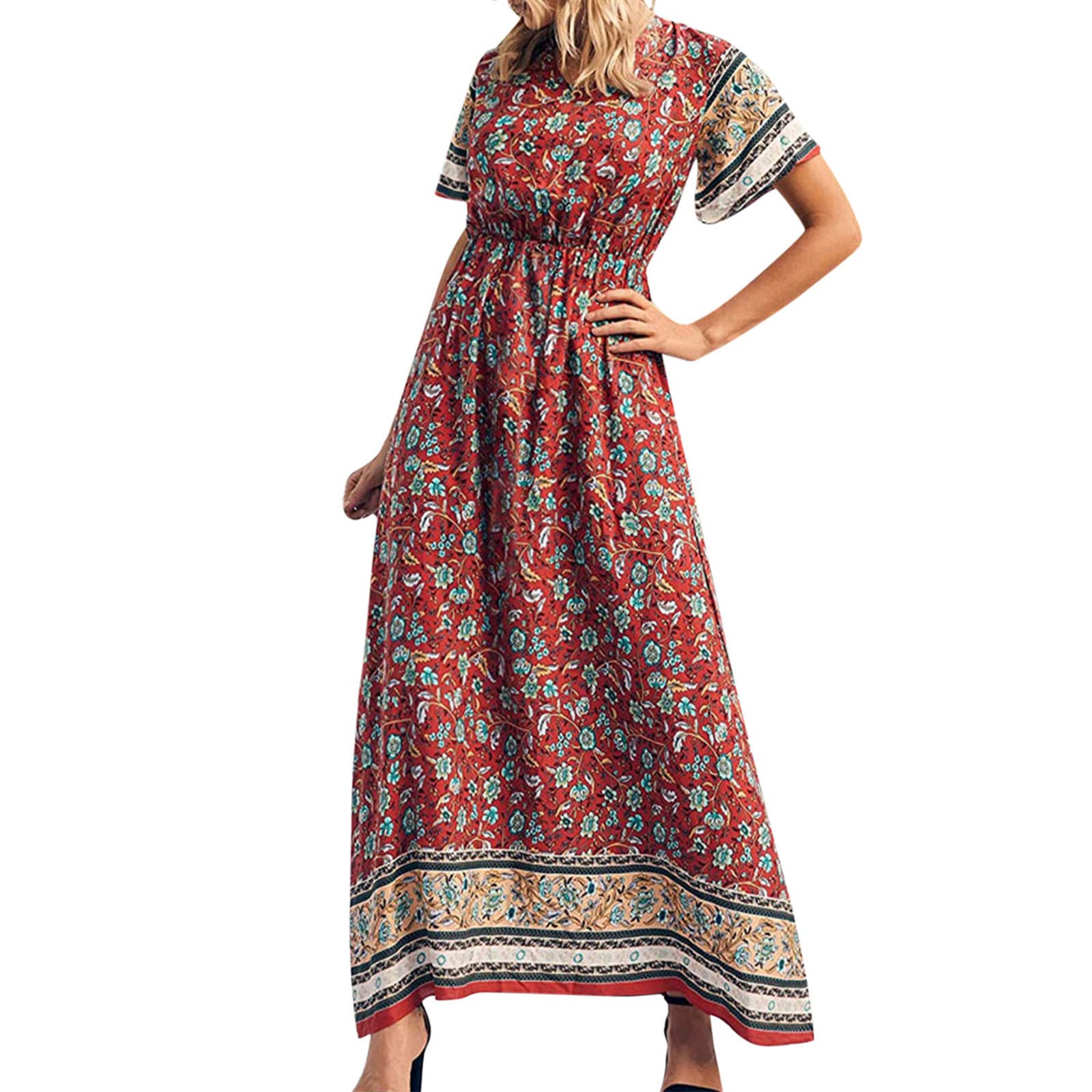 Elegant Floral Print Blue Midi Dress for Women - Round Neck Short Sleeve Party Dress | Perfect for Cocktail Parties, Weddings & Summer Outings