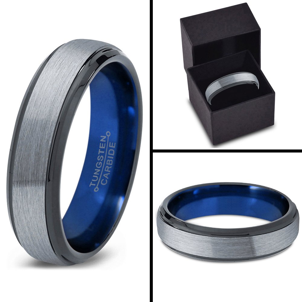 Tungsten Carbide Wedding Band Ring 6mm for Men & Women - Blue, Black, Grey Step Bevel Edge - Brushed & Polished Finish - Personalized Custom Engraving - Perfect for Anniversary, Engagement & Everyday Wear