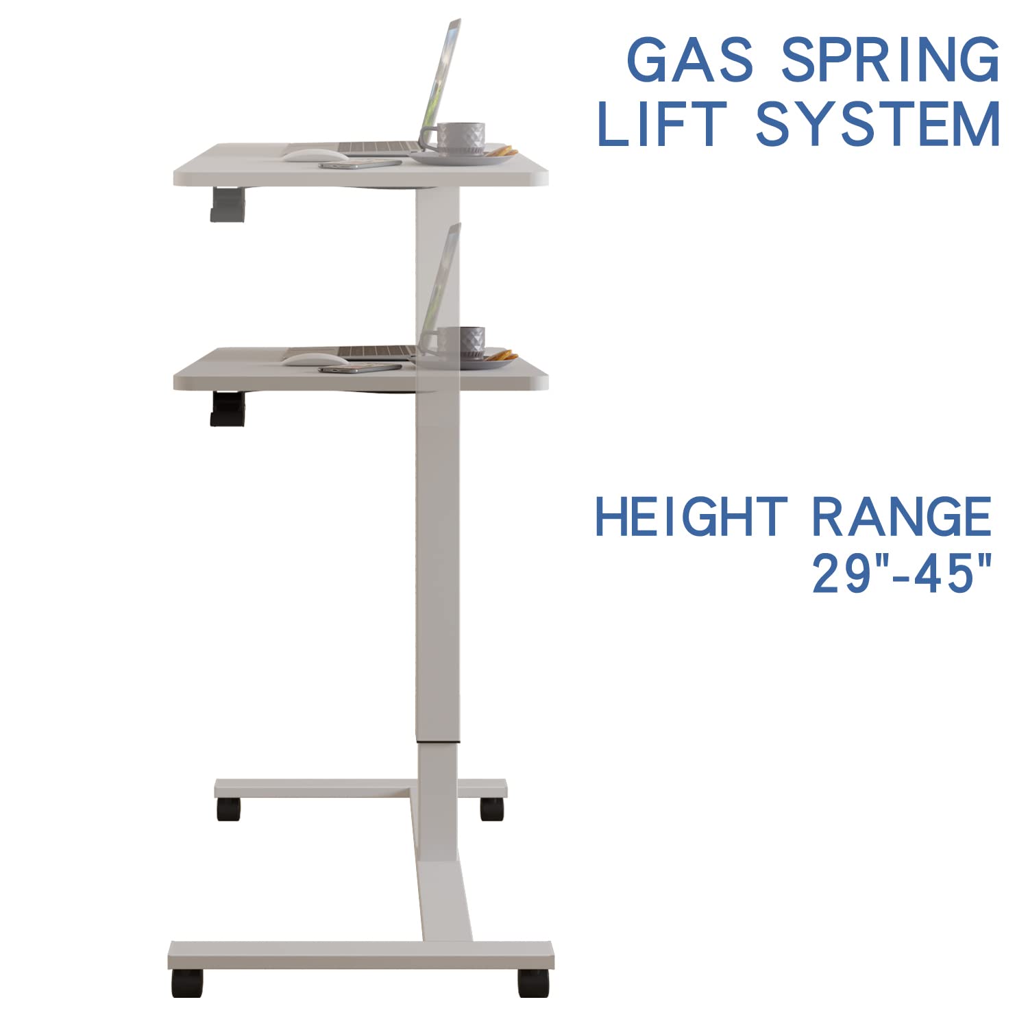 Bilbil Pneumatic Mobile Desk - Gas-Spring Height Adjustable Sit to Stand Workstation with Lockable Wheels | Overbed Laptop Table & Rolling Computer Cart | Portable Work Table for Home Office, Gaming & Study | Perfect for Small Spaces, Bedroom Workspace & Remote Work