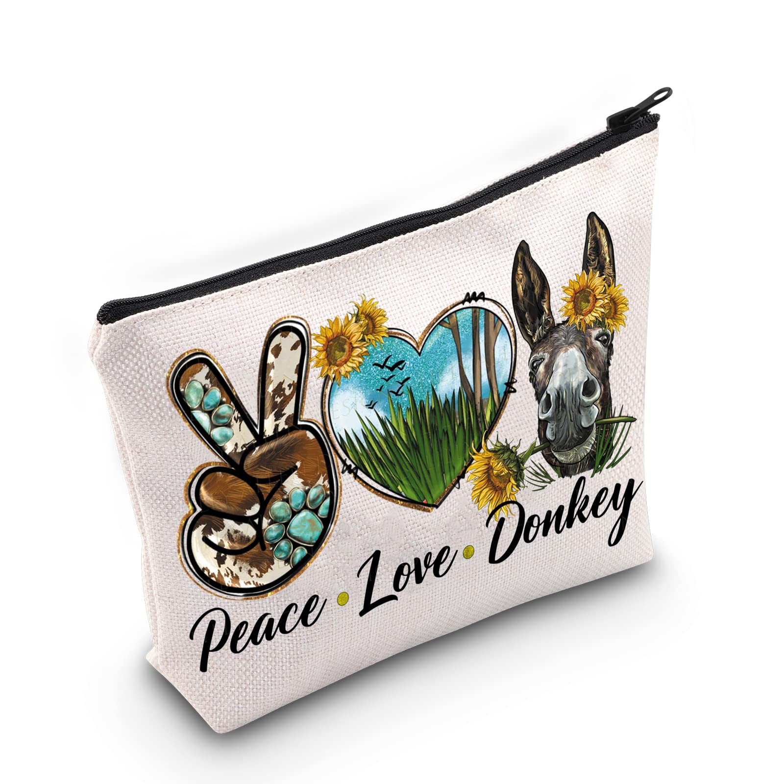 LEVLO Funny Donkey with Sunflower Cosmetic Makeup Bag - Cute Zipper Pouch for Donkey Lovers - Perfect Gift for Makeup Storage & Travel Accessories (Peace Love Donkey Theme)