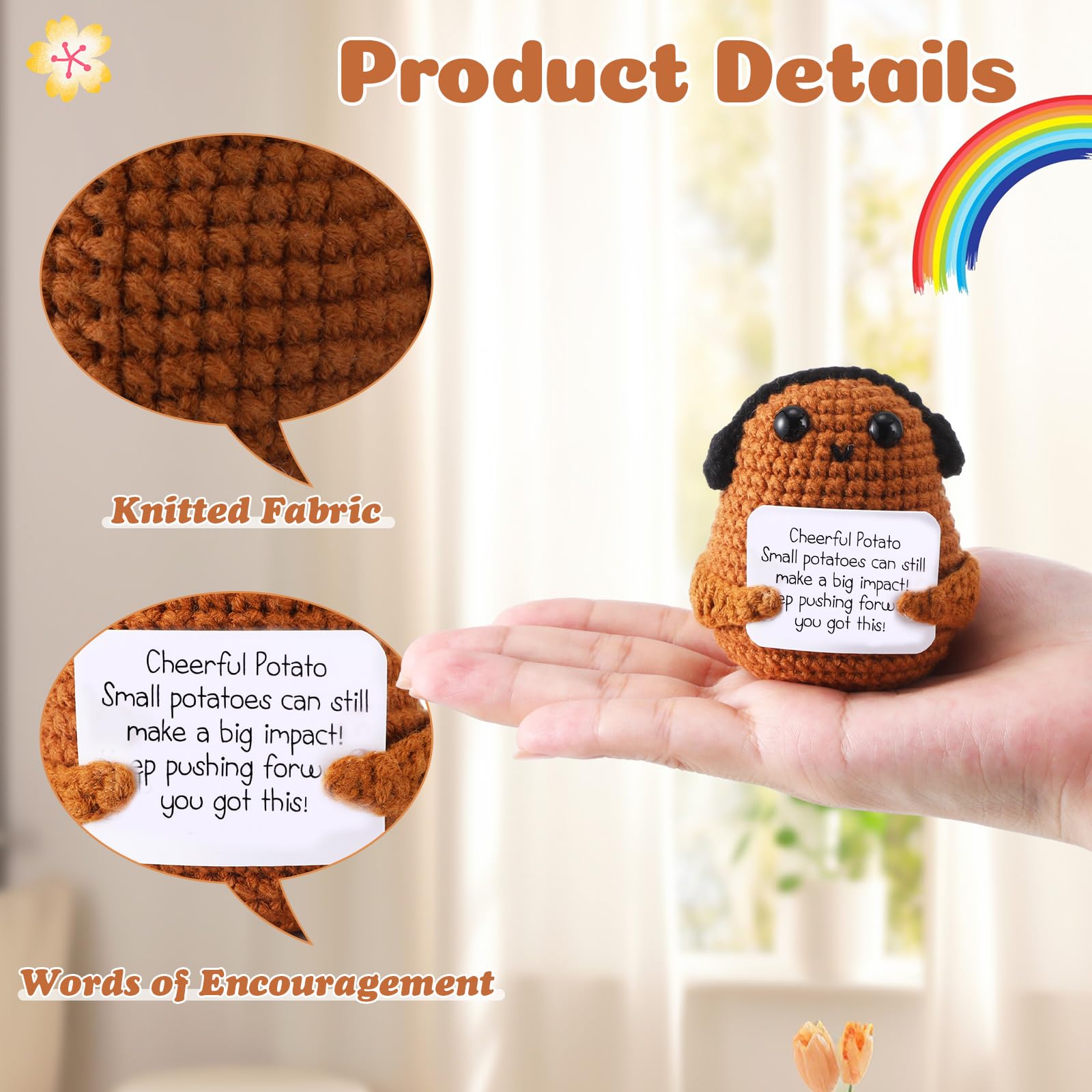 Yinkin Mini Funny Crochet Potato Earphone Holder - Emotional Support Gift with Positive Card & Wooden Base - Encouragement Knitting Doll for Friends, Coworkers, Birthday - Cheer Up Room Decor (Perfect for Office Desk, Home Decor & Stress Relief Gifts)