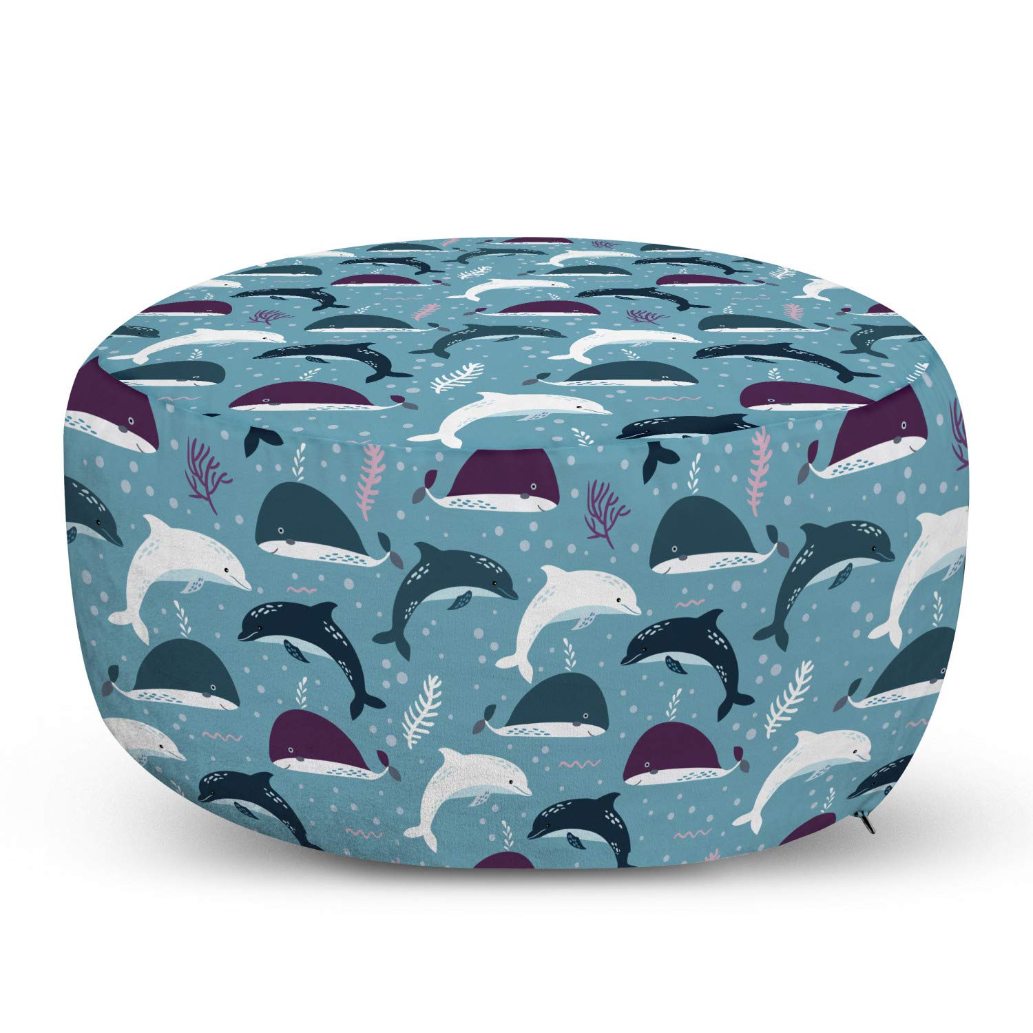 Ambesonne Nautical Pouf Cover with Zipper - Cartoon Sea Life Underwater World Design with Whales, Dolphins, Bubbles & Corals - Soft Decorative Fabric Unstuffed Case 30